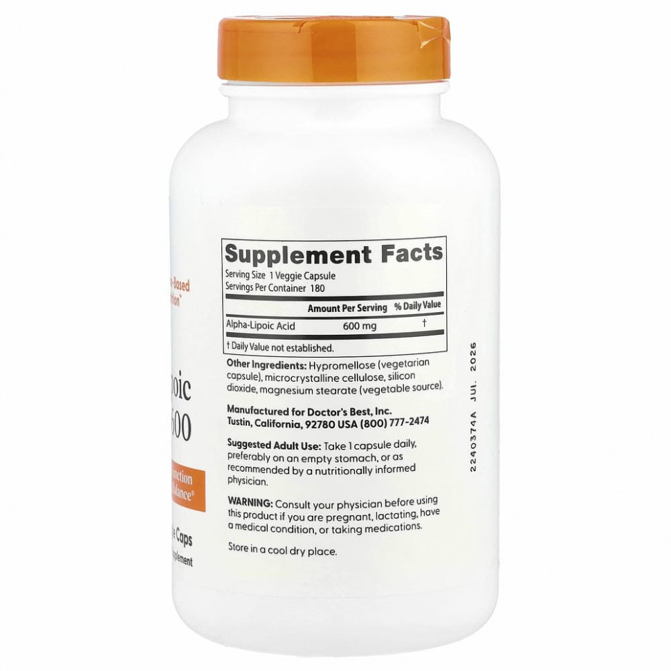 Doctor's Best, альфа-липоевая кислота 600, 600 мг, 180 вегетарианских капсул