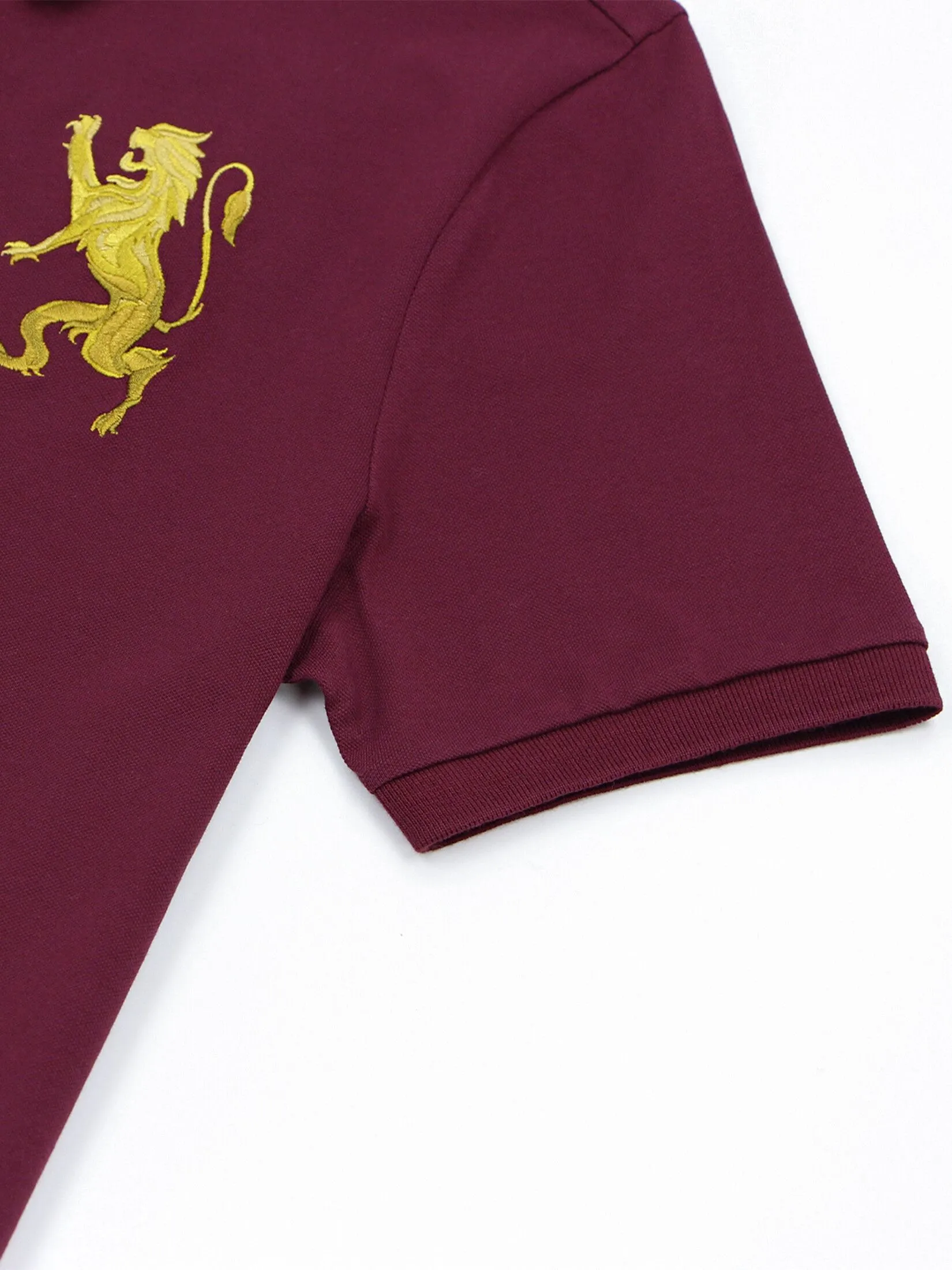 GIORDANO Men's Lycra Pique Embroidery Polo (3D Lion) Burgundy red