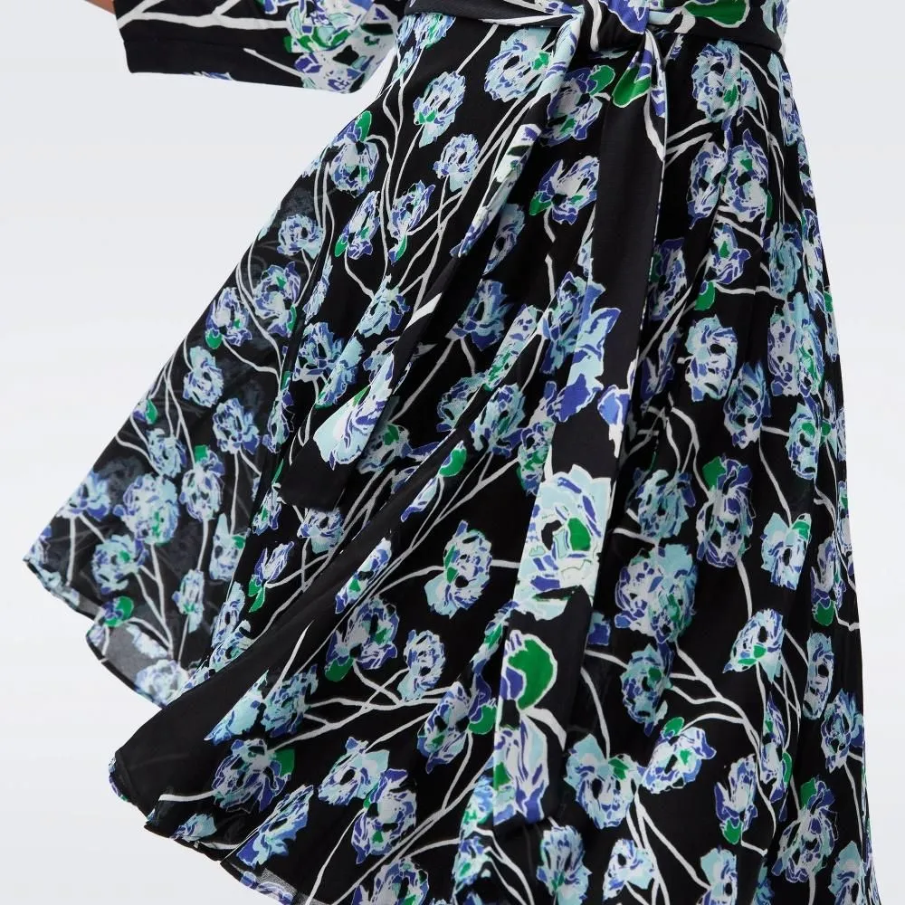 DIANE VON FURSTENBERG DVF IRINA DRESS WTRCLR FLORAL LG BLK/MED BLK