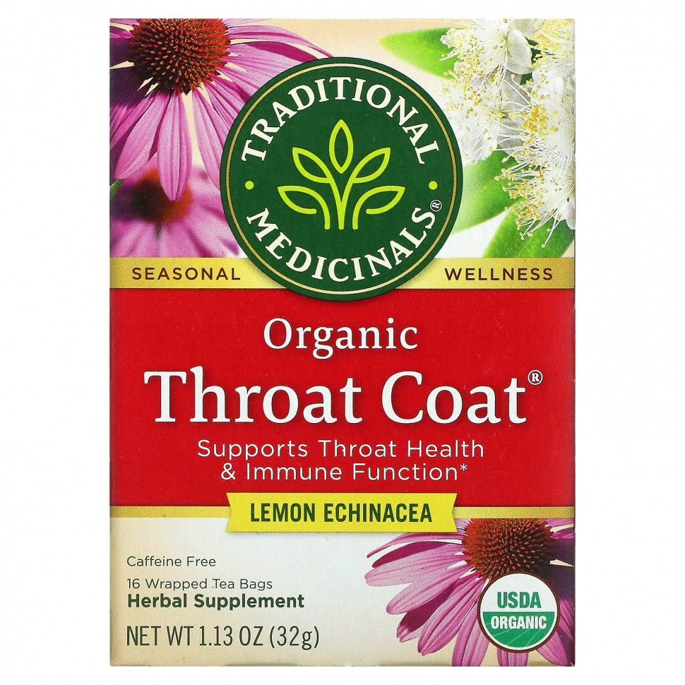 Traditional Medicinals, Organic Throat Coat, лимонная эхинацея, без кофеина, 16 чайных пакетиков в упаковке, 32 г (1,13 унции) - TRA-00159-Breathe Easy