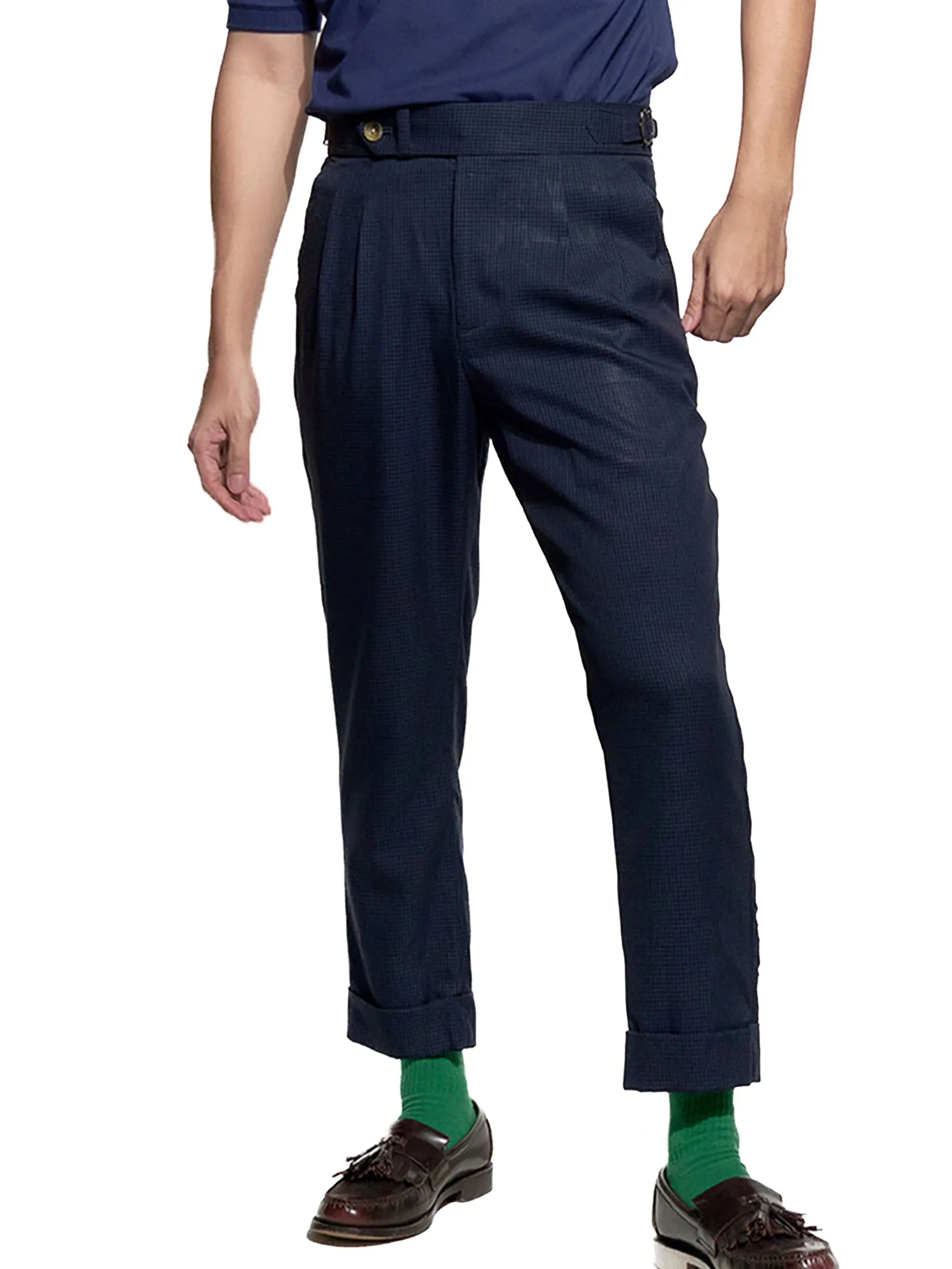 ERA-WON Men's Double belts trousers skinny crop fit Navy Blue