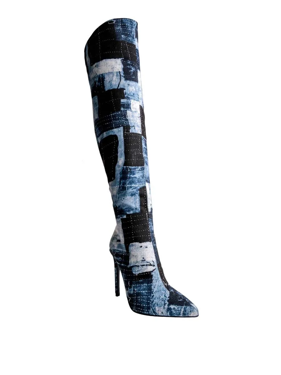 VILLAINS SF TONE Knee High Boots DENIM COMBO
