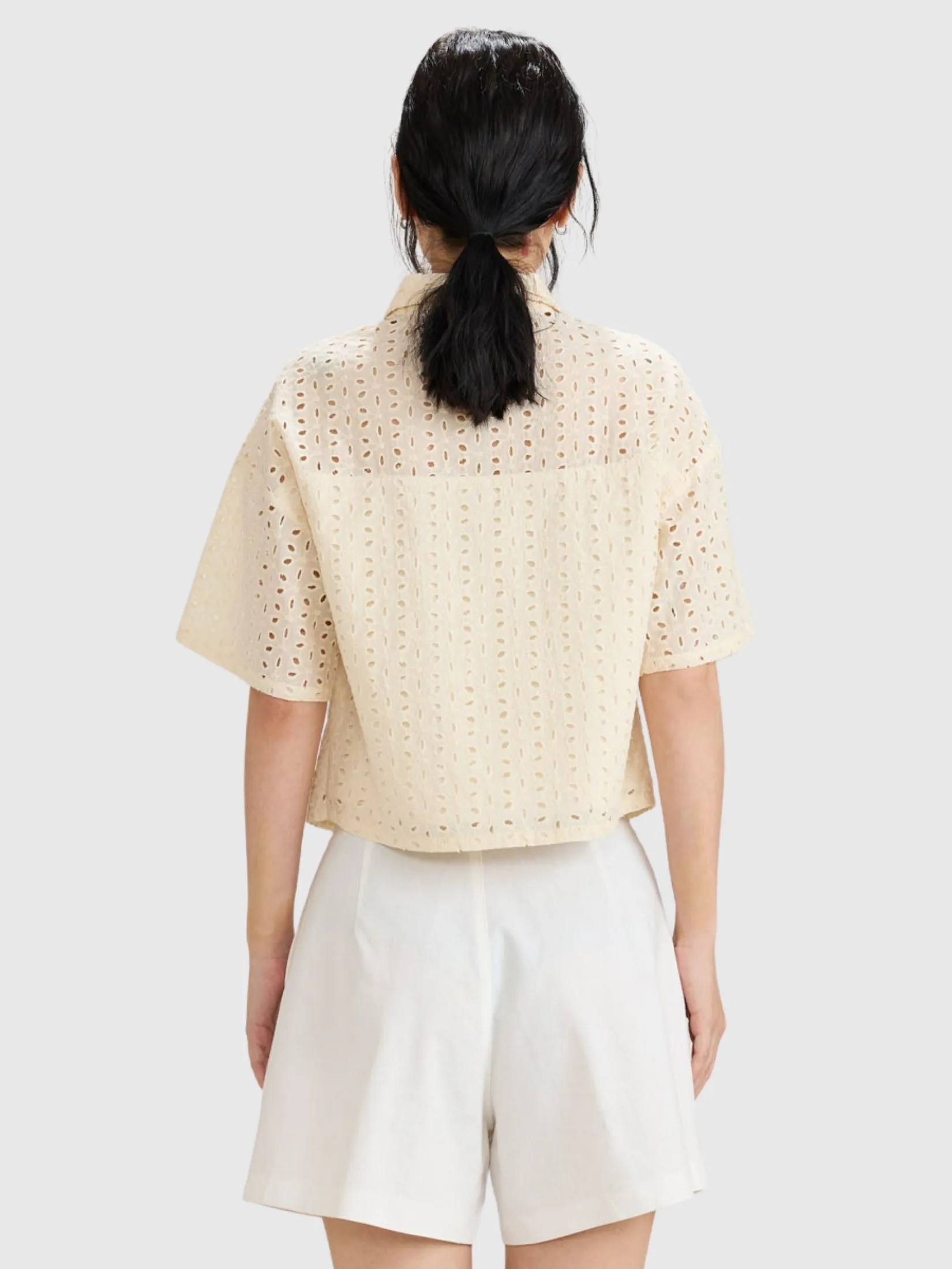 AMILA Women Shirt Short Sleeves Cotton Embroidery Cream