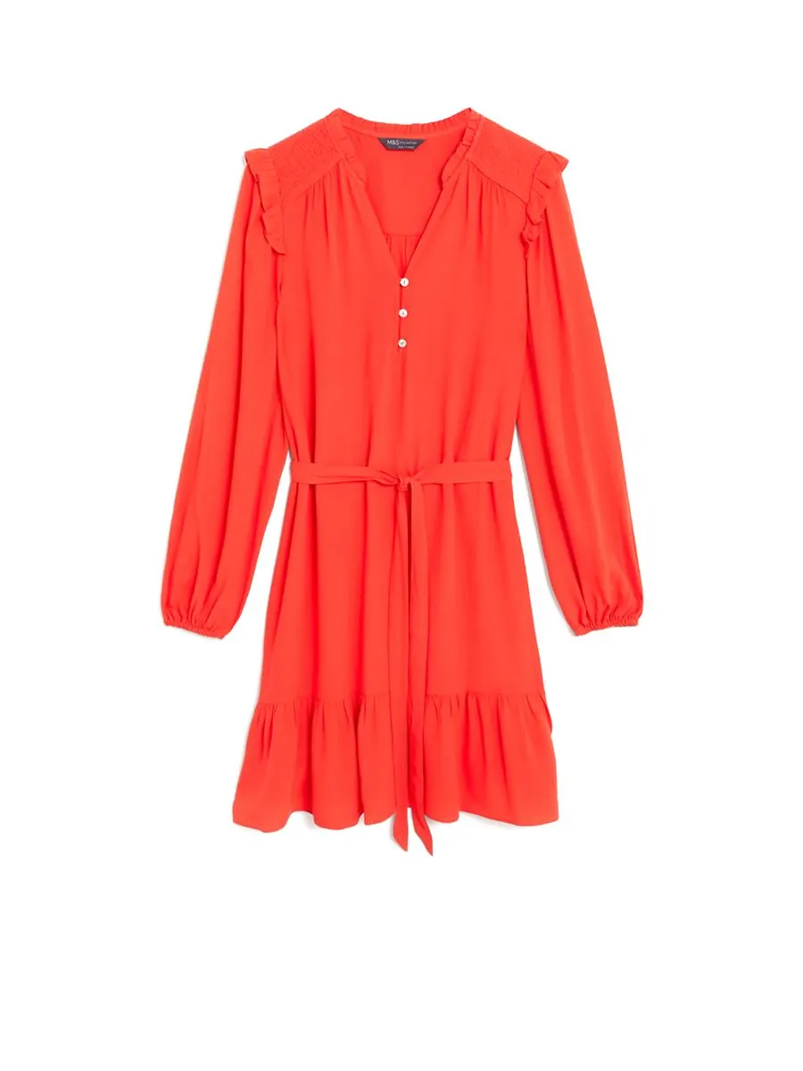 MARKS & SPENCER Women V-Neck Belted Mini Tiered Dress