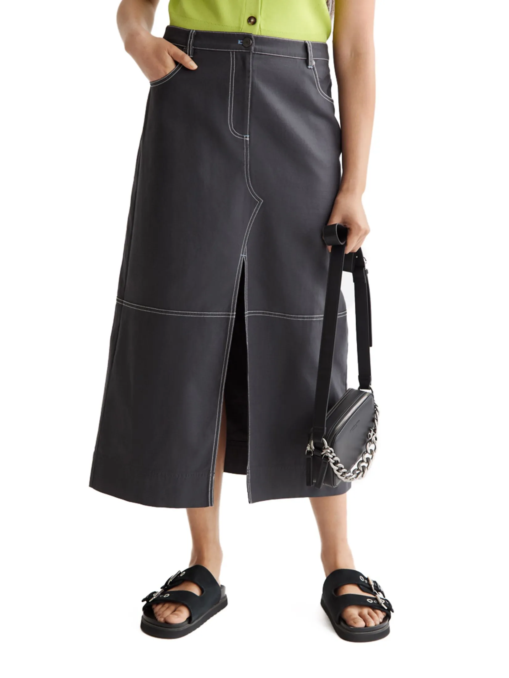 SCOTCH&SODA Women Midi Skirt Workwear With Front Slit Charcoal Art