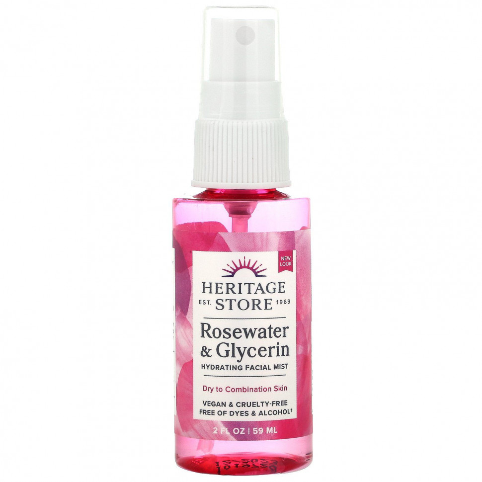 Heritage Store, розовая вода и глицерин, увлажняющий спрей для лица, 59 мл (2 жидк. унции)