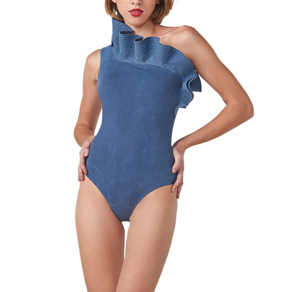 ANGELYS BALEK Blue Jeans One Shoulder Ruffle Women Swimsuit Size - XS