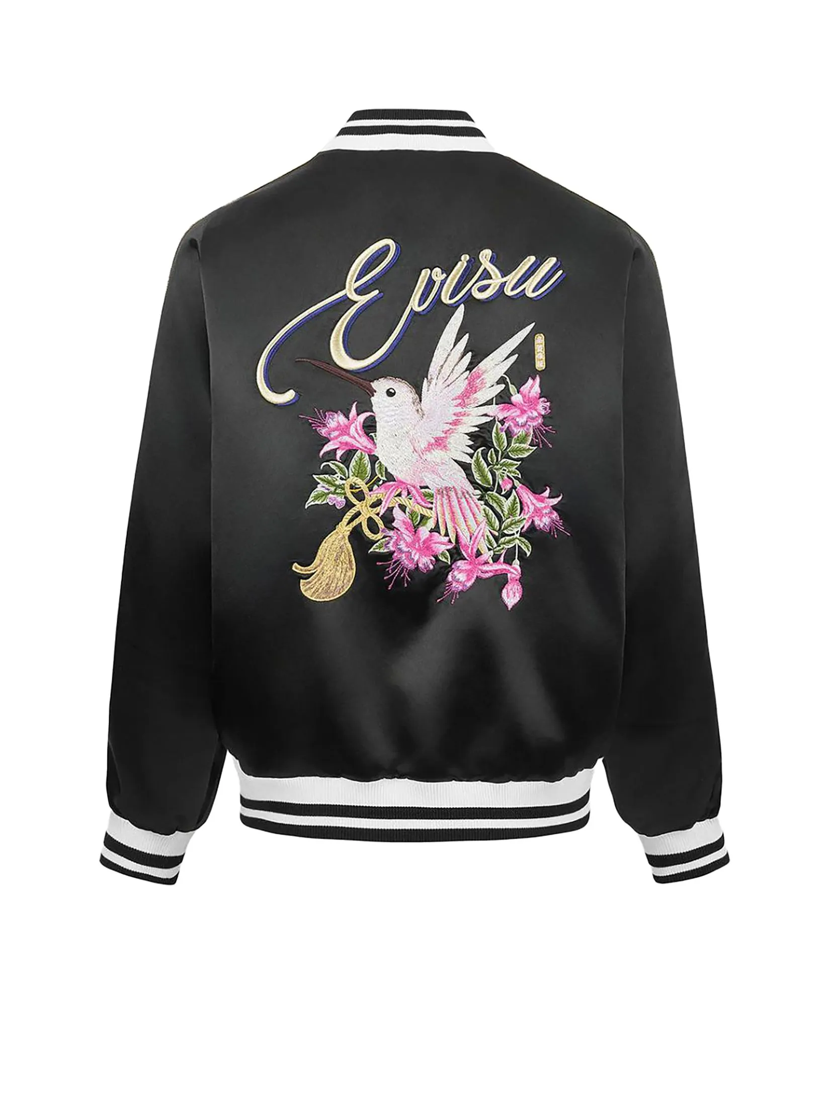 EVISU Women Souvenir Jacket Hummingbird and Magnolia Flower Embroidery Loose Fit Black