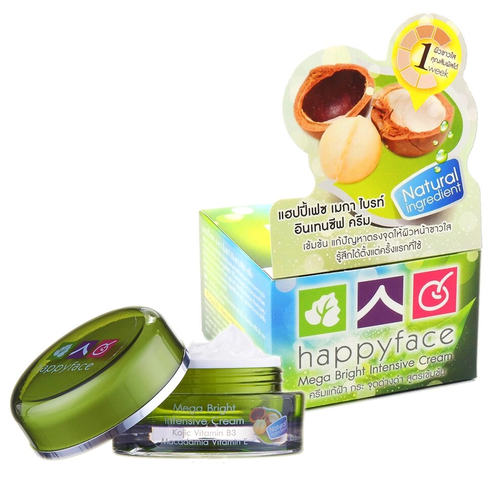 Крем для регенерации кожи с экстрактом Макадамии, Витамином B3 и E, Happyface Mega Brigth Intensive Cream