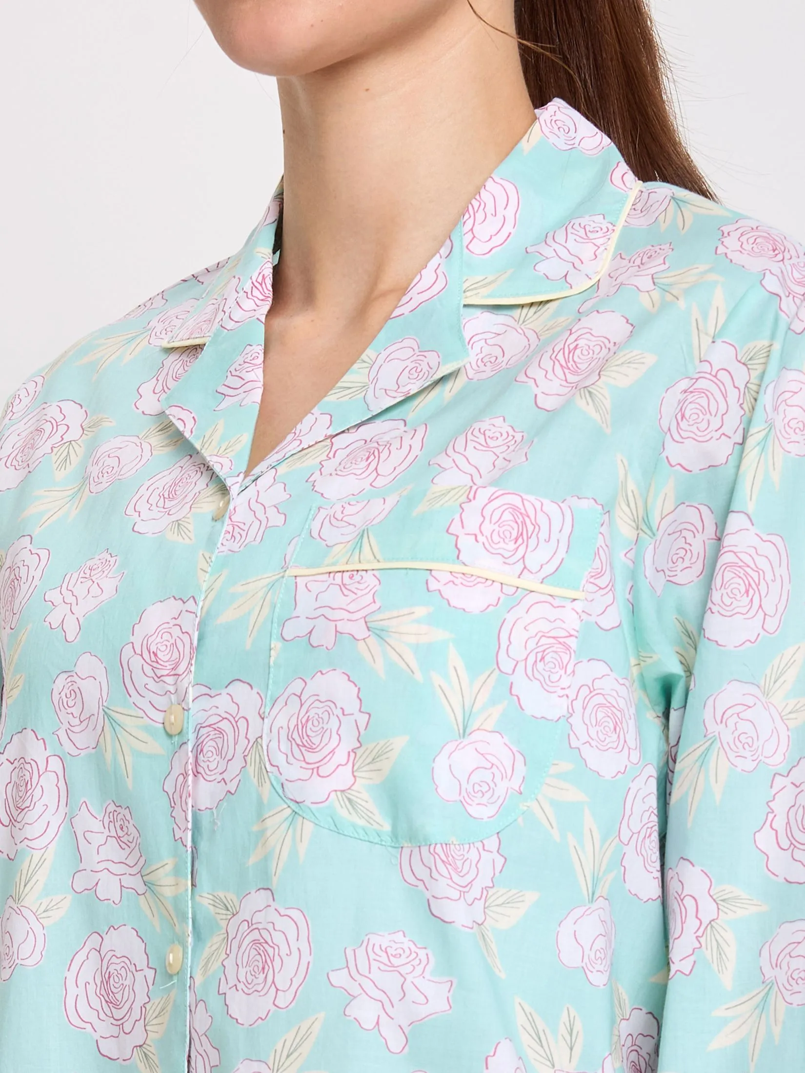 CLAUDIA'S ROMANCE Women Pajamas Set Hawaiian Shirt Long Sleeves + Long Pants Green