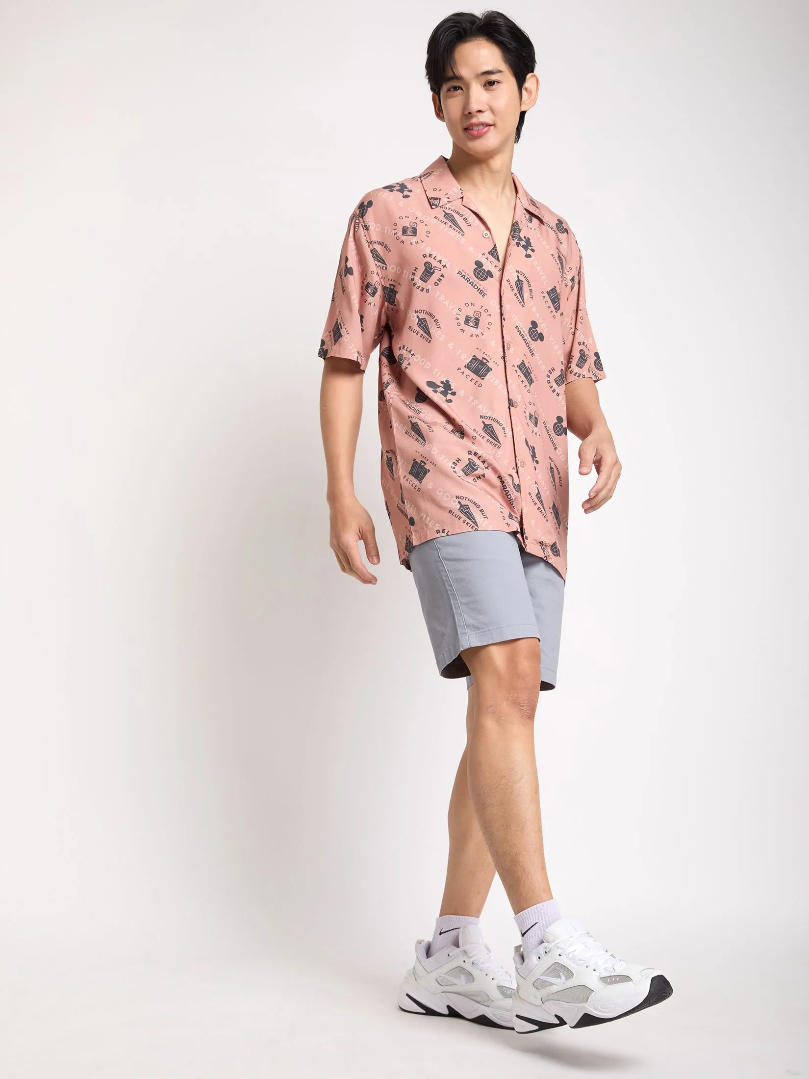 PACIFIC UNION Men Oversized Shirt Short Sleeves Mickey Mouse Graphic Printed Brown