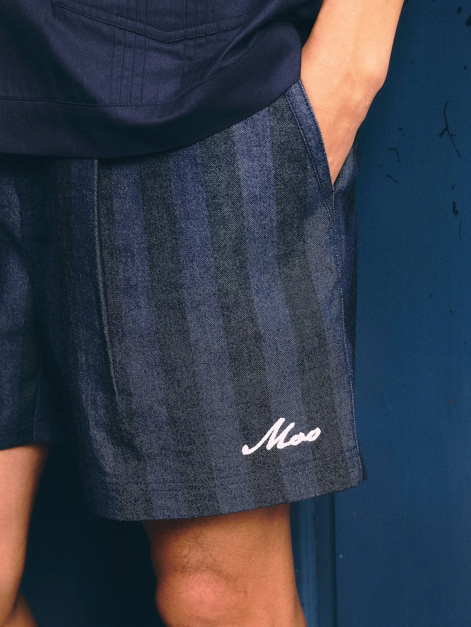 MOO [MOO 5/25] Striped Denim Shorts Navy Blue