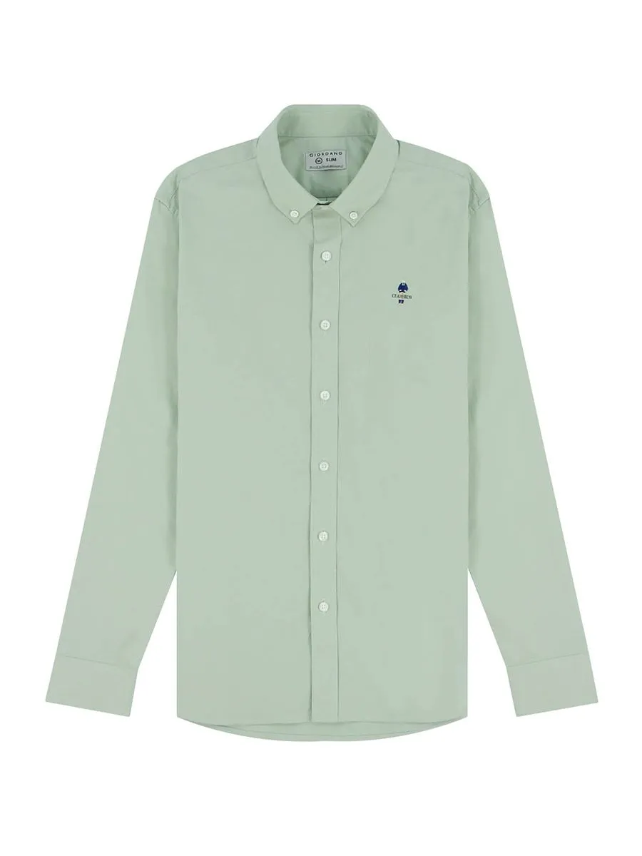 GIORDANO Men's Slim Embroidery Stretch Oxford Shirts (Classic Man)  Light Green