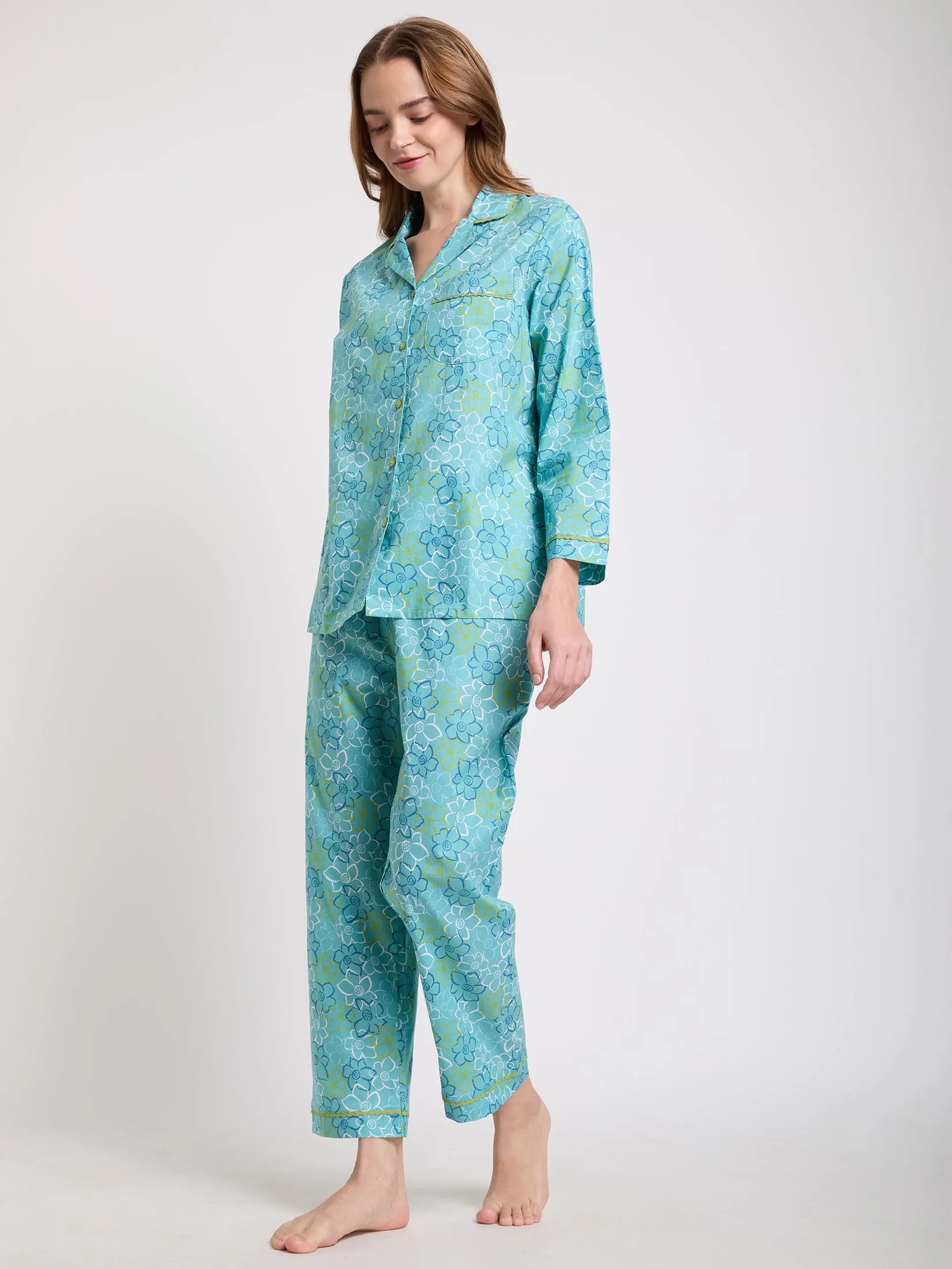 CLAUDIA'S ROMANCE Women Pajamas Shirt Long Sleeves + Pants Sweet Dreams Light Blue