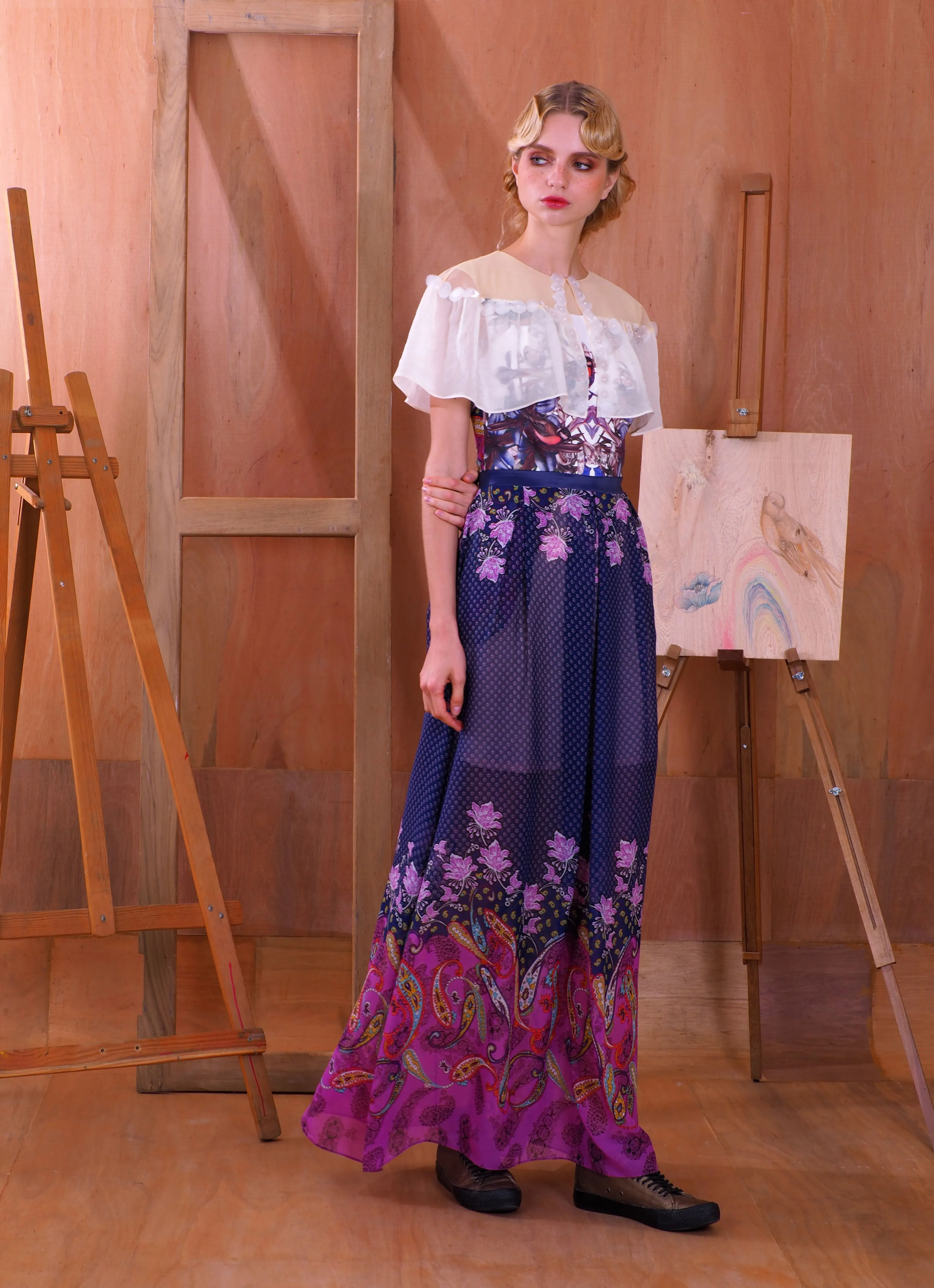 PEDZ Purple Pedz Aesthetic Birds Under Shawl Maxi Dress
