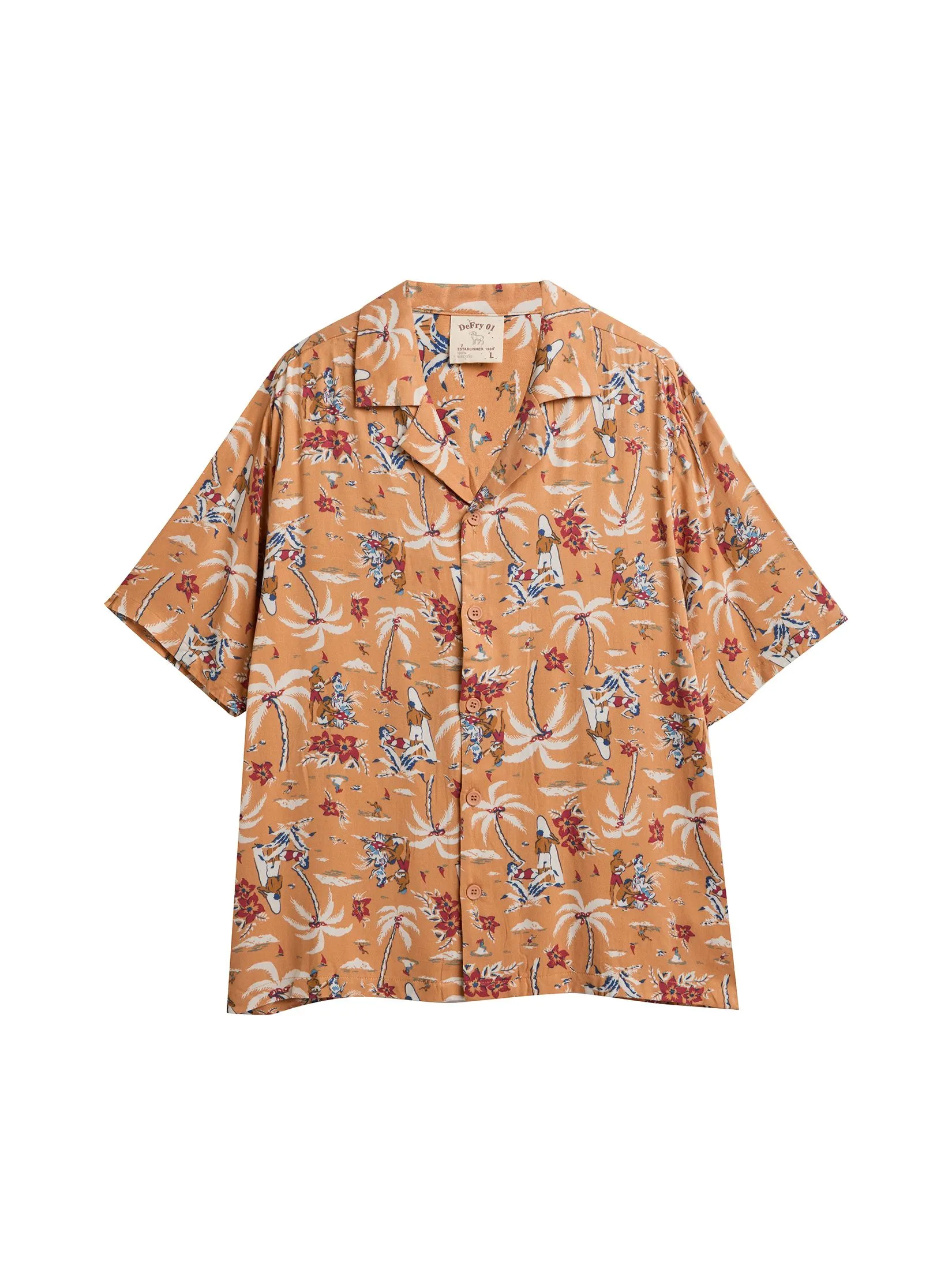 DEFRY 01 Men Shirt Short Sleeves Hawaiian Style Orange
