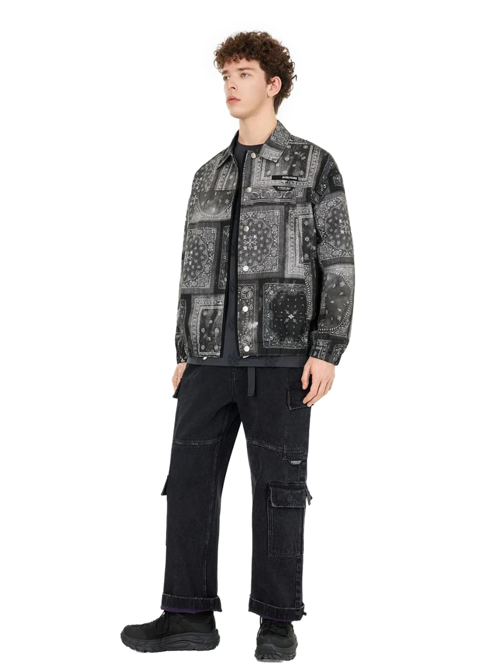 EVISU Men Oversized Coach Jacket Allover Paisley Print Black