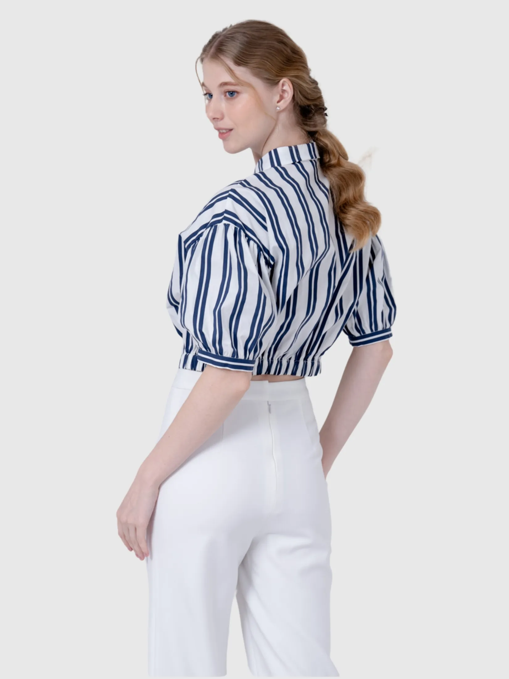 AMILA Women Shirt Short Sleeves Cotton Print Off White