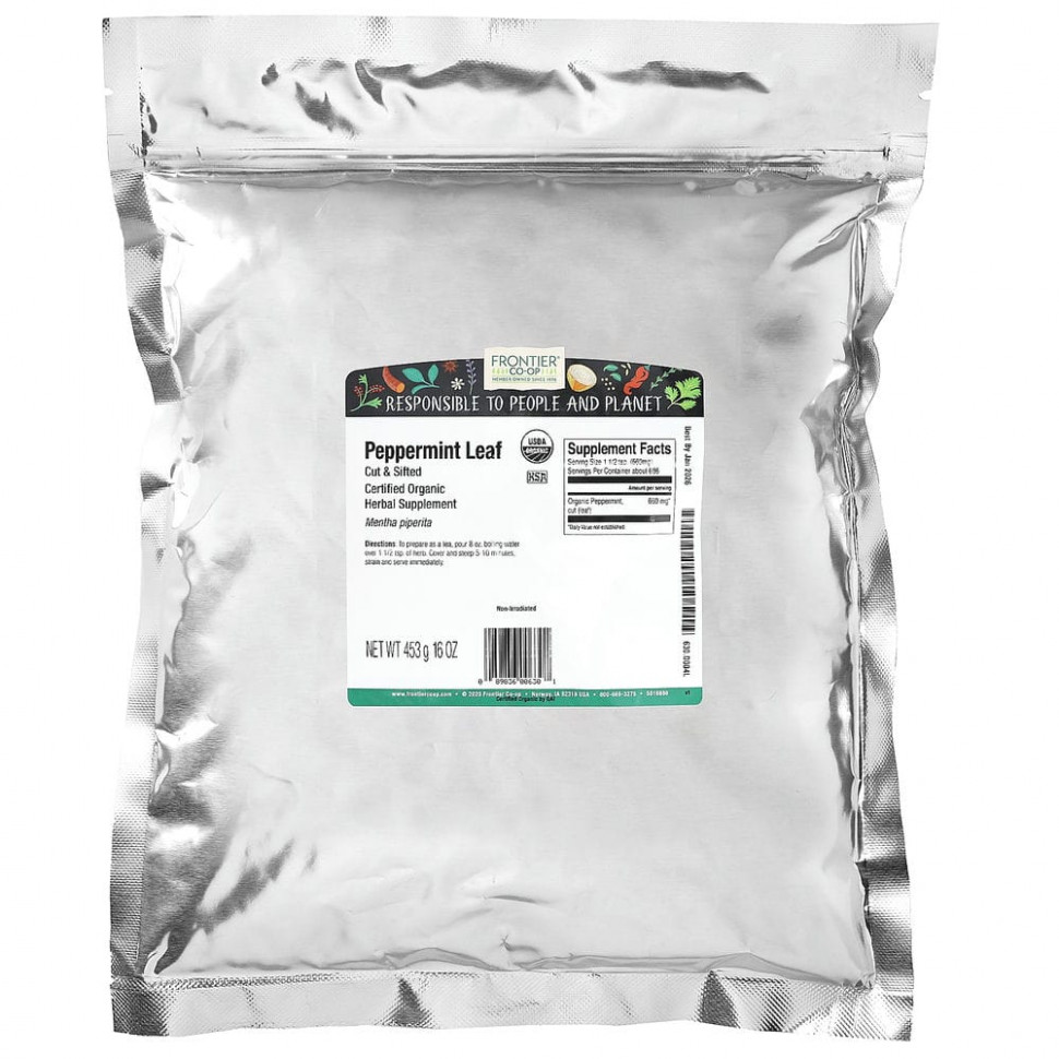 Frontier Co-op, Органические порезанные и просеянные листья мяты перечной, 16 унций (453 г)