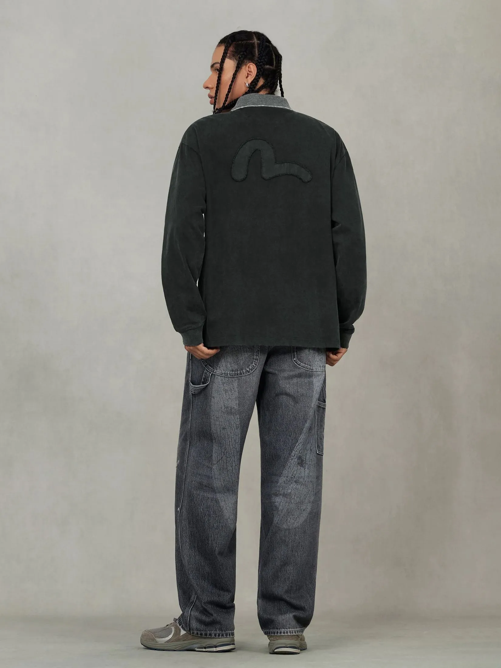 EVISU Men T-Shirt Long-Sleeve Seagull Appliqué Relax Fit Charcoal