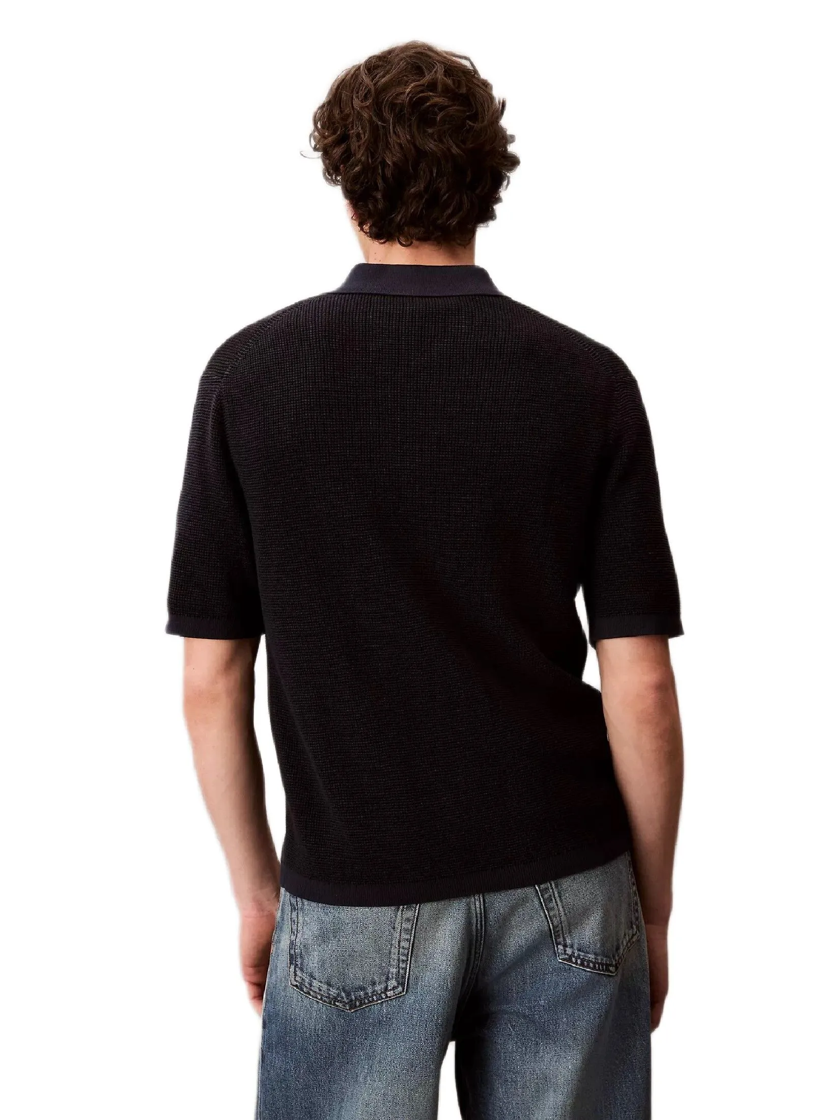 CALVIN KLEIN Men's Smooth Cotton Waffle Sweater Polo Shirt Black