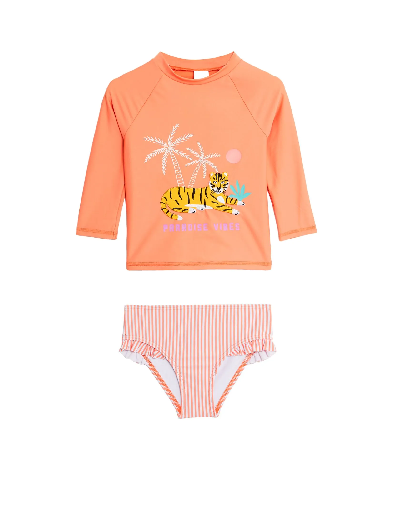 MARKS & SPENCER KIDS Girl Toddler Swim Set 2 Pcs. Tiger Vest Long Sleeve Rash Coral
