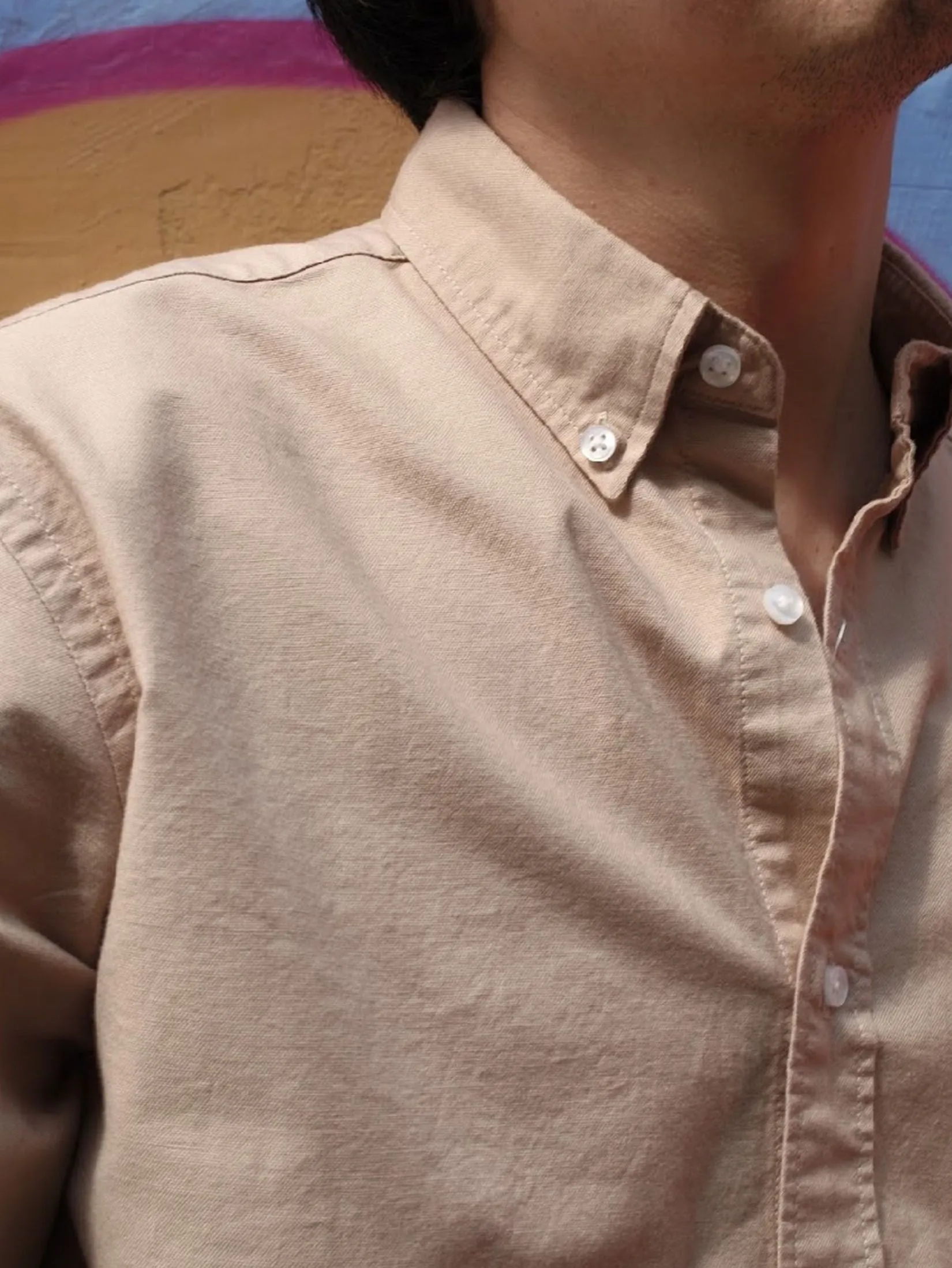 ERA-WON Men's Oxford Shirt Short Sleeve Comfort Fit Beige