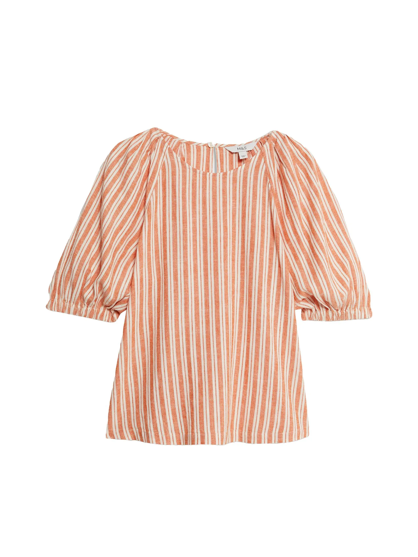 MARKS & SPENCER Women Blouse Linen Rich Striped Puff Sleeve Marmalade