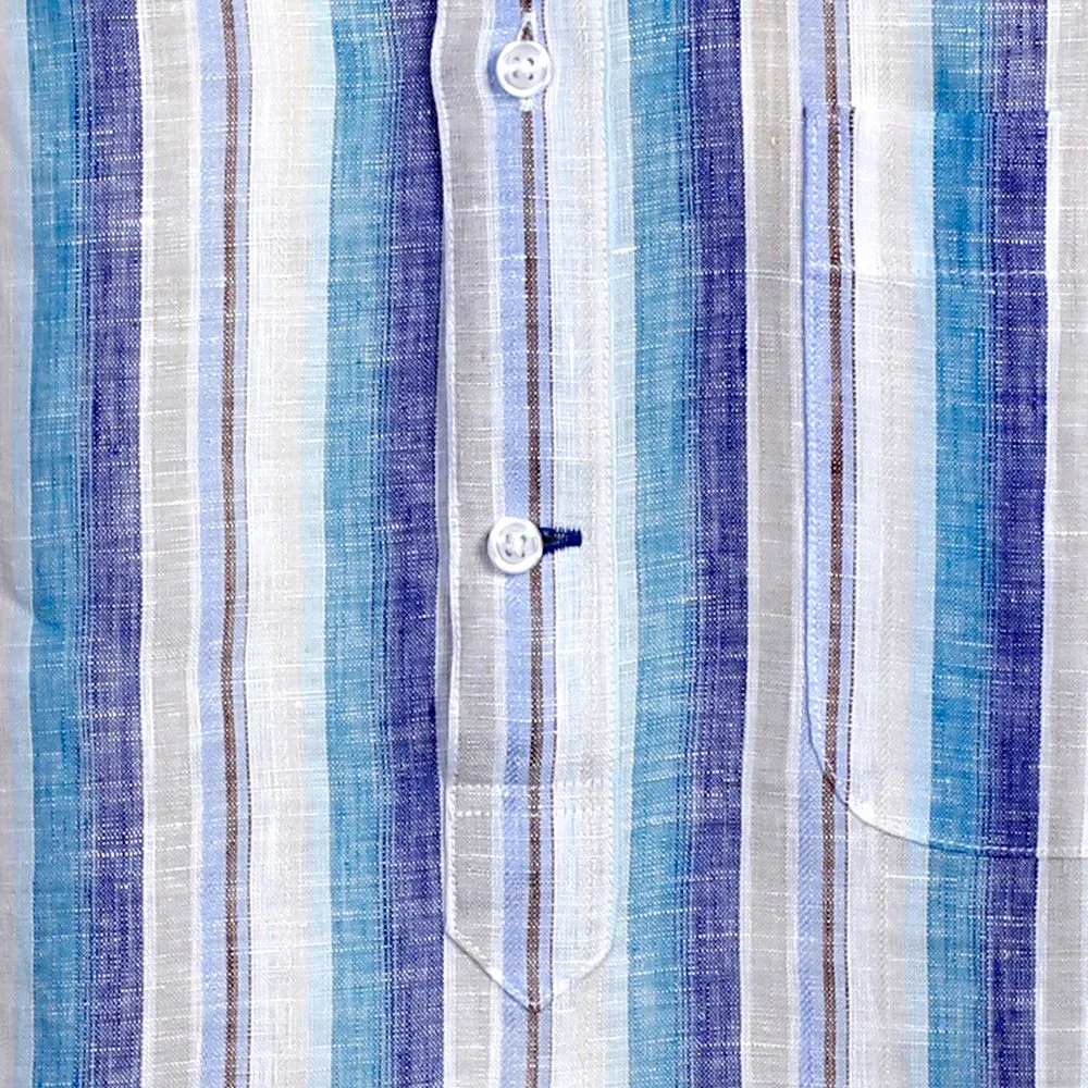 BROWNE & CO. Blue Stripe Linen Long Sleeves Shirt