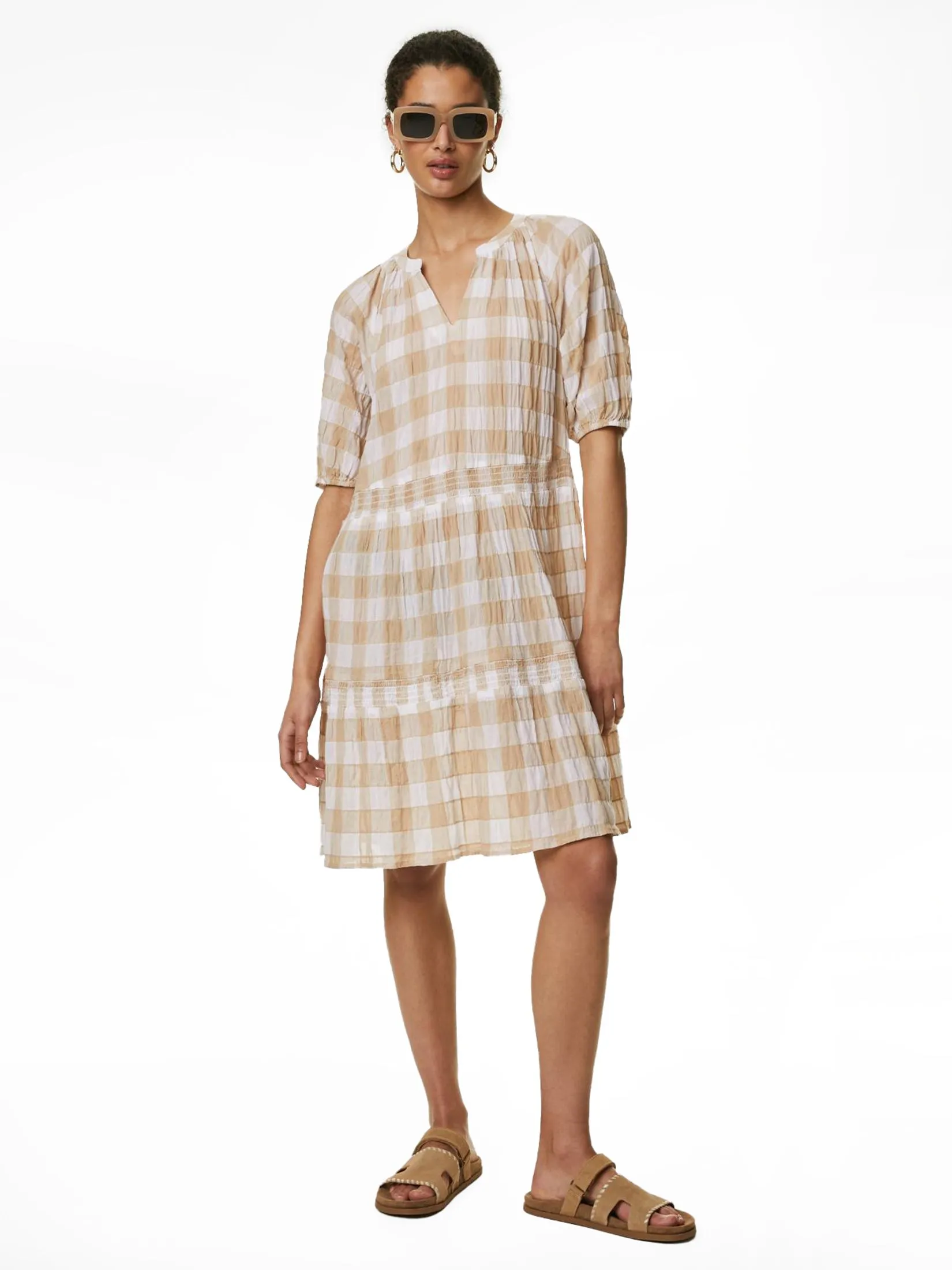 MARKS & SPENCER Women Mini Tiered Dress Cotton Rich Checked Natural Mix