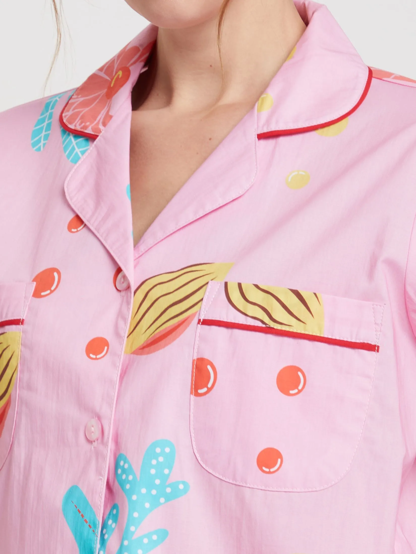 FOF Women Pyjamas Shirt Long Sleeves Crew Neck + Pants Sea Print Pink