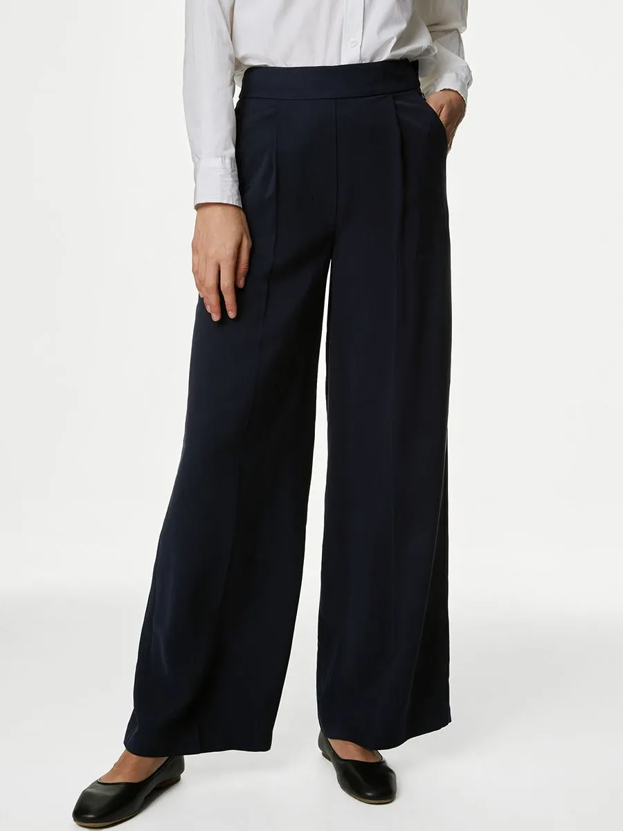 MARKS & SPENCER Women Trousers Wide Leg Pleat Front Dark Navy