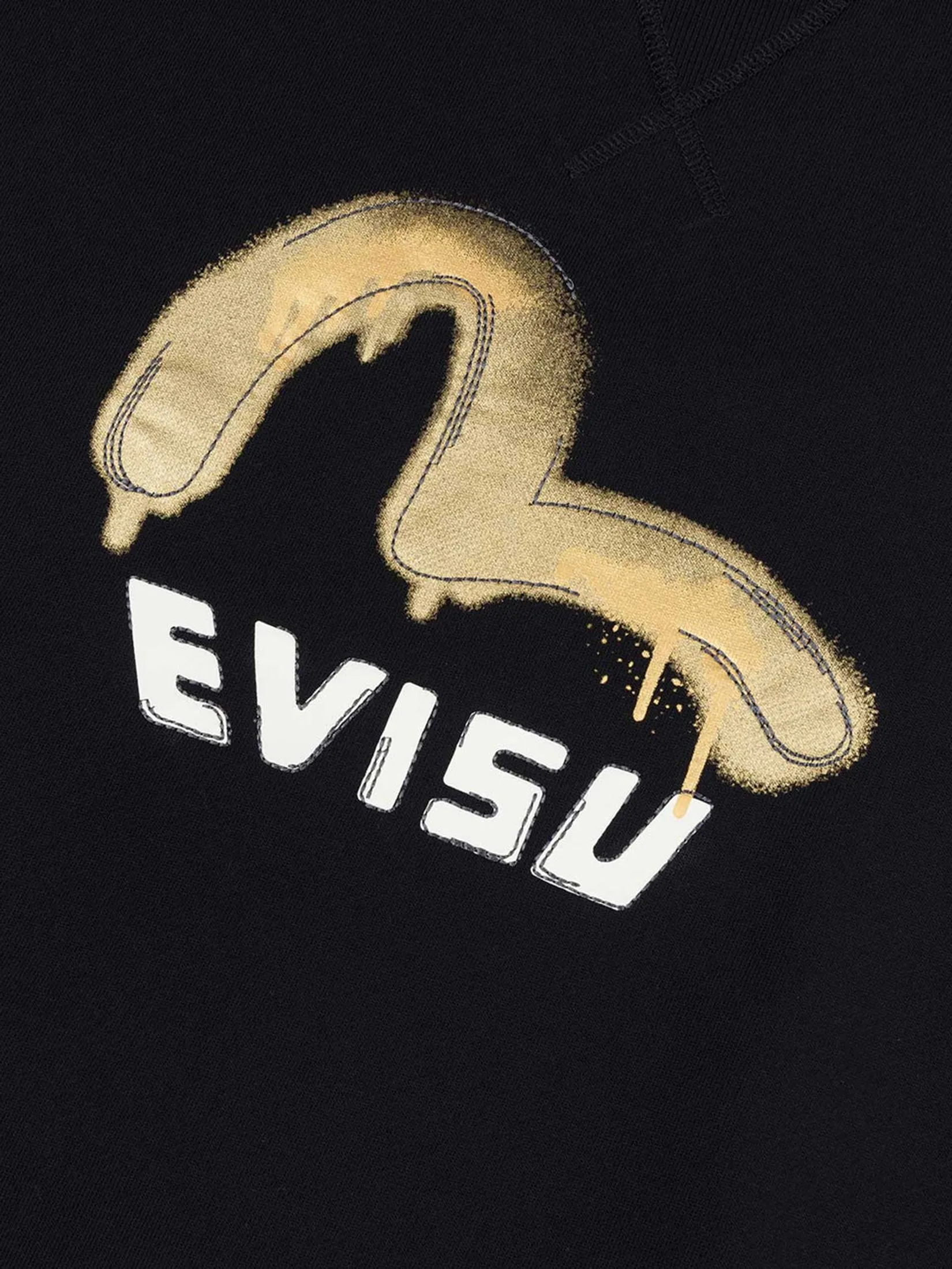 EVISU Men Sweatshirt Graffiti Seagull Print and Sashiko Relax Fit Black