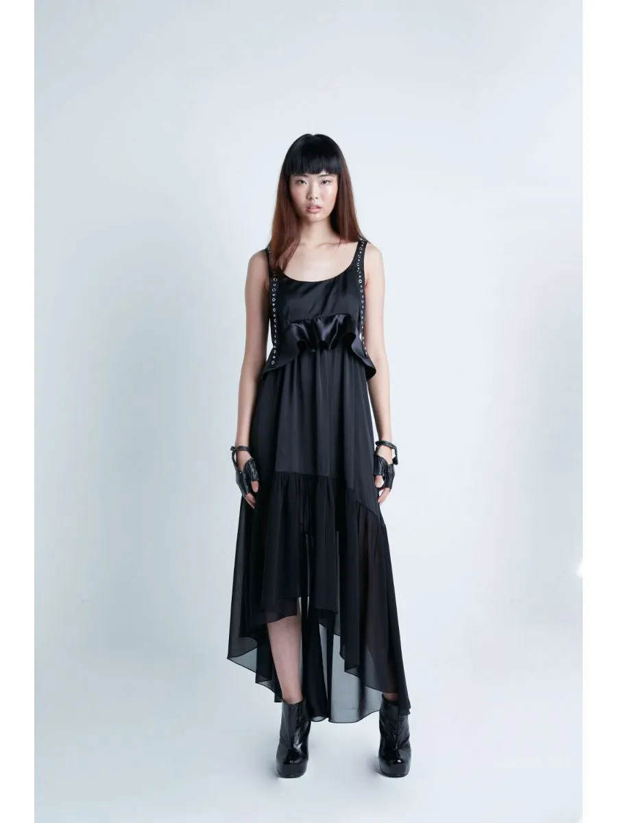 SENADA WOMEN SILK BLEND EYELET MAXI BLACK DRESS