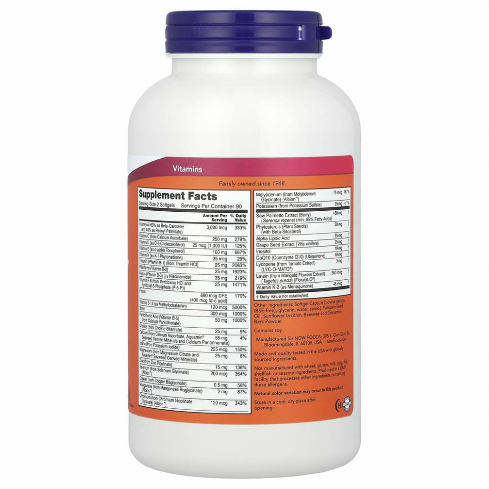 NOW Foods, ADAM, превосходные мультивитамины для мужчин, 180 мягких таблеток