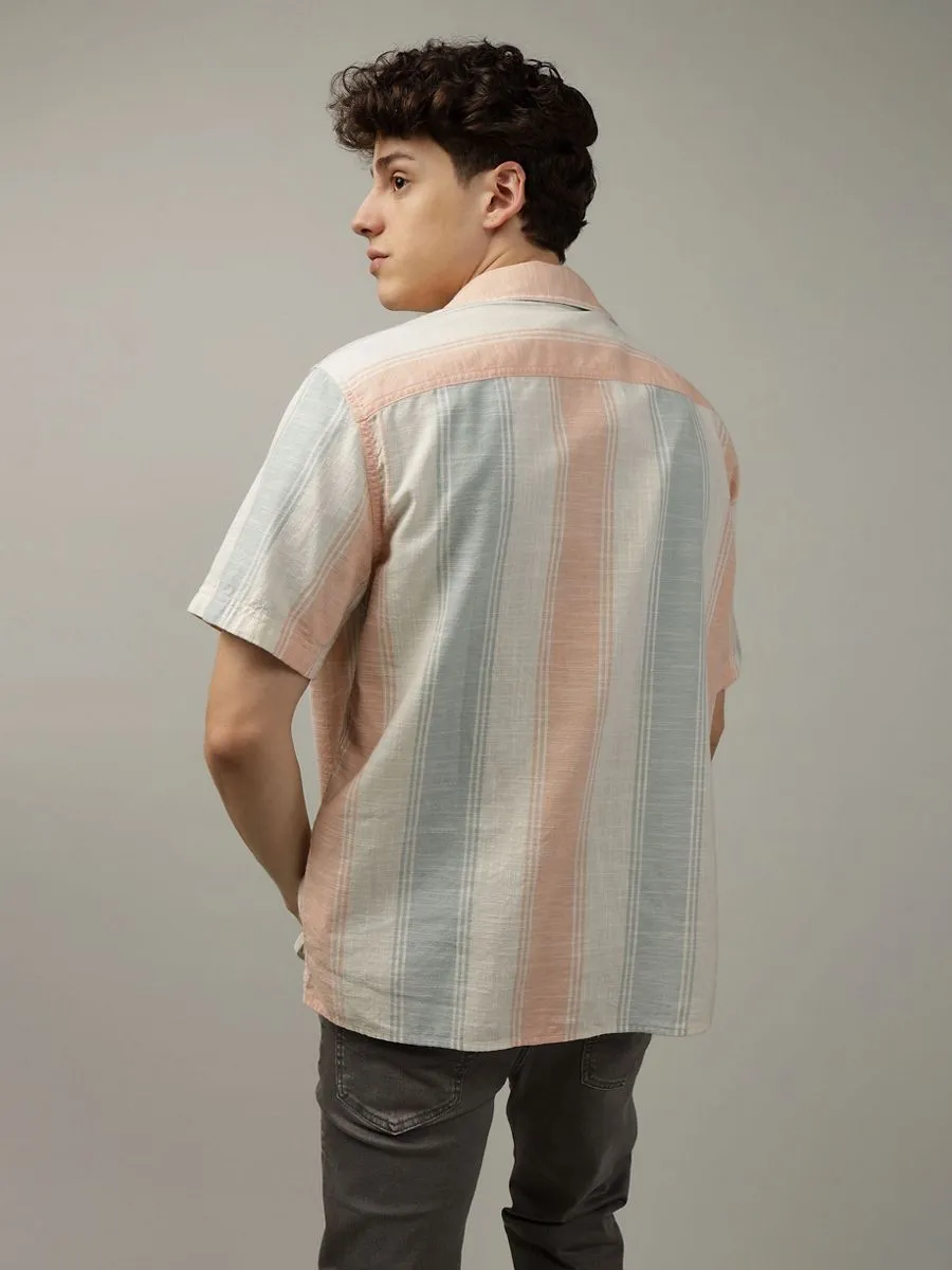 AMERICAN EAGLE MEN JON STRIPE SS OVERSIZED CAMP COLLAR SLUB COTTON SHIRT 800 ORANGE