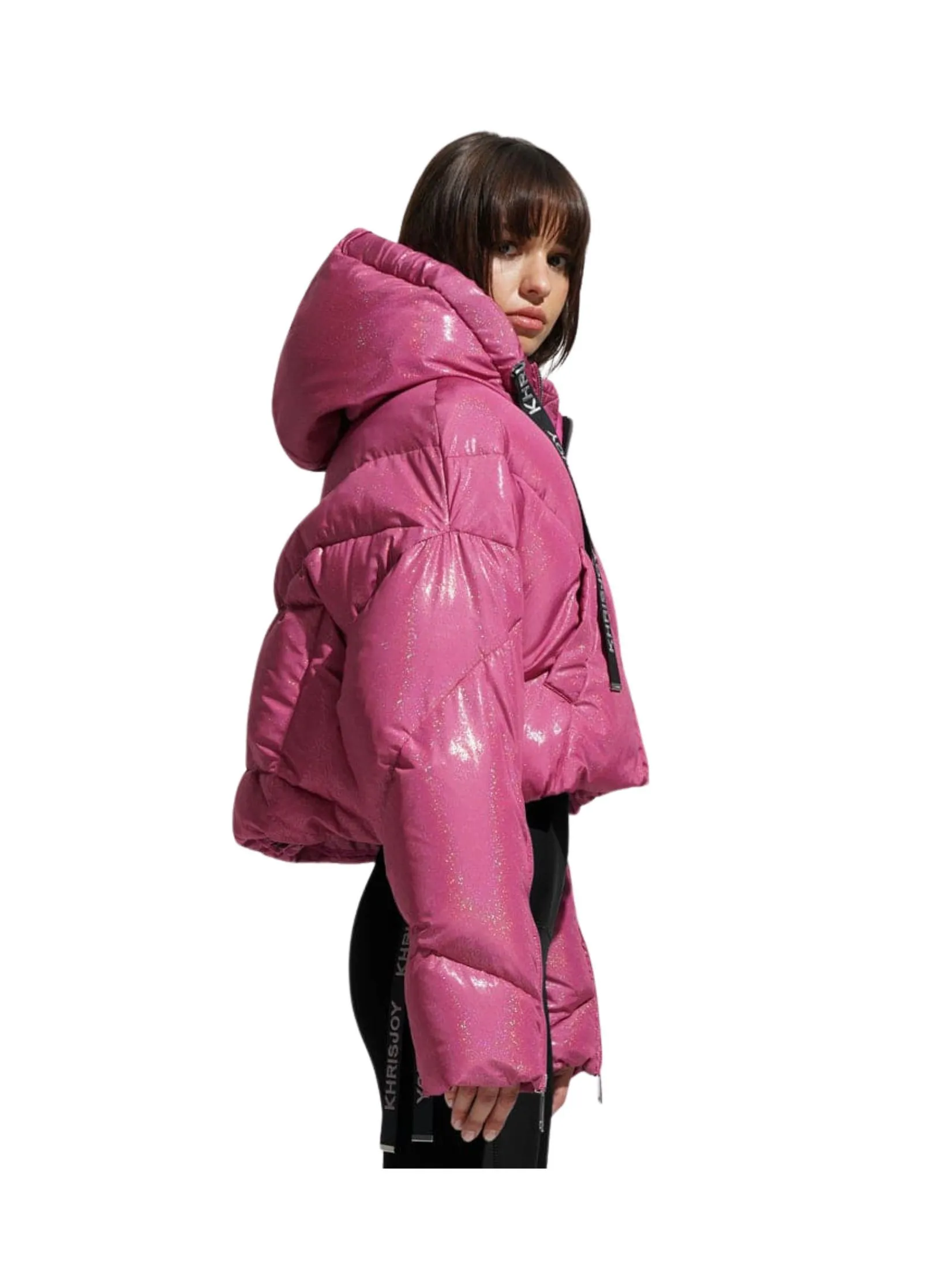 KHRISJOY Puff Khris Crop Glitter In Raspberry Rainbow Glitter