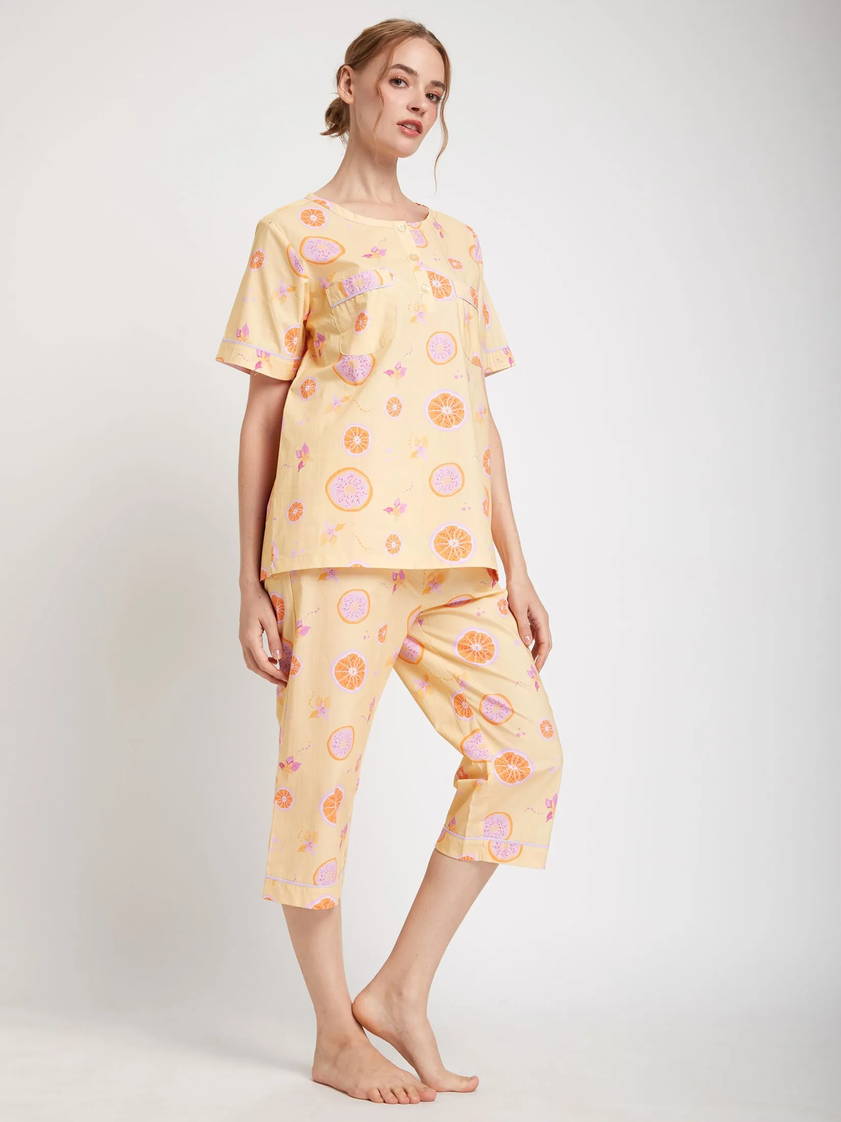 FOF Women Pyjamas Shirt Short Sleeves Crew Neck + Pants Lemon Print Yellow