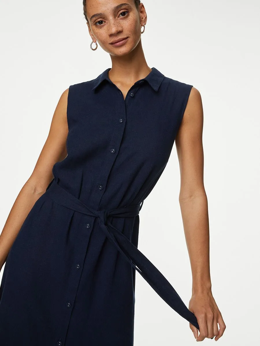 MARKS & SPENCER Women Midi Dress Button Through Linen Rich Navy