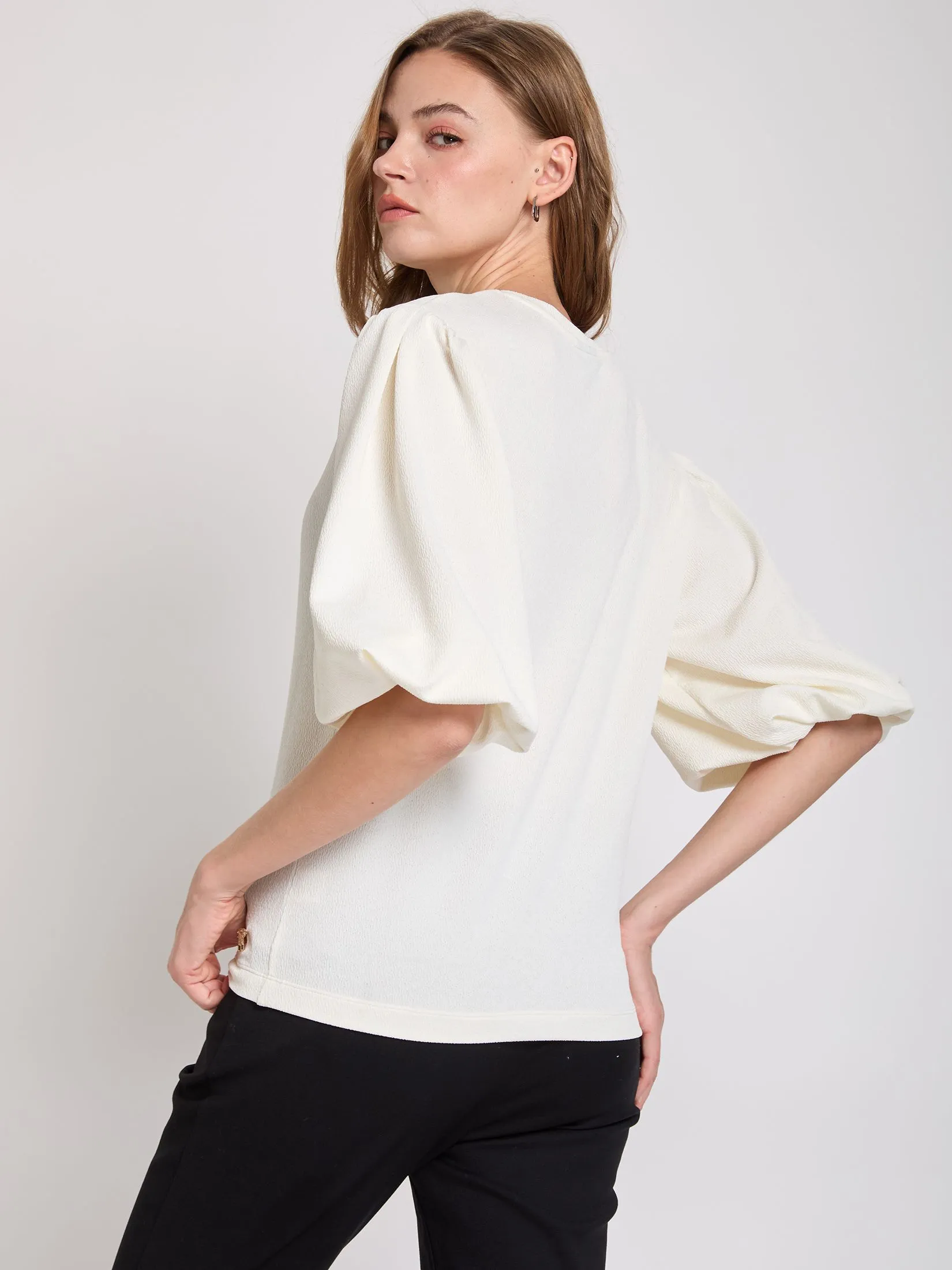 FOF Women T-Shirt Puff Sleeves with Bow