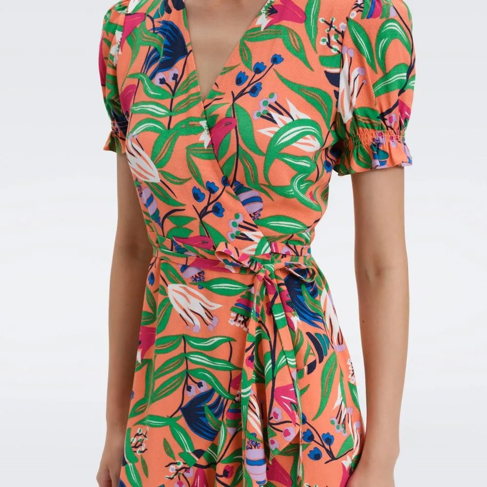 DIANE VON FURSTENBERG DVF EMILIA MINI DRESS FANTASIA FLORAL CORAL REEF