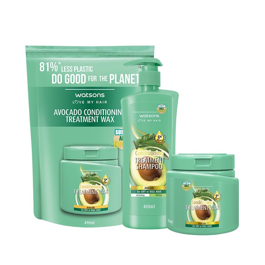 Watsons Treatment Shampoo Avocado for Dry or Dull Hair 400ml+Wax 500ml+490ml(Refill)
