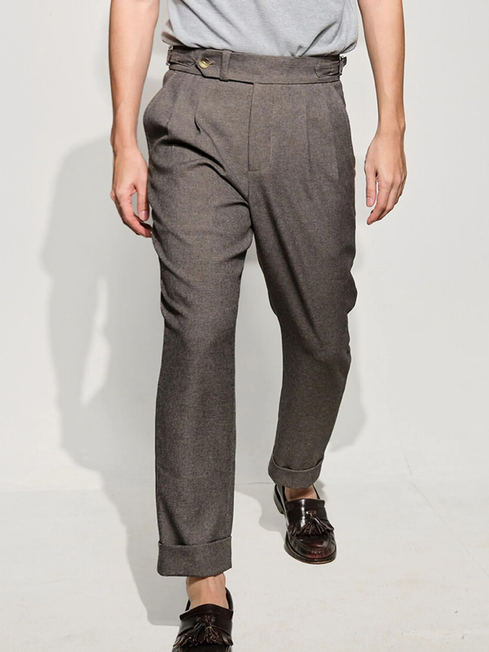 ERA-WON Men's Double belts trousers skinny crop fit Grey