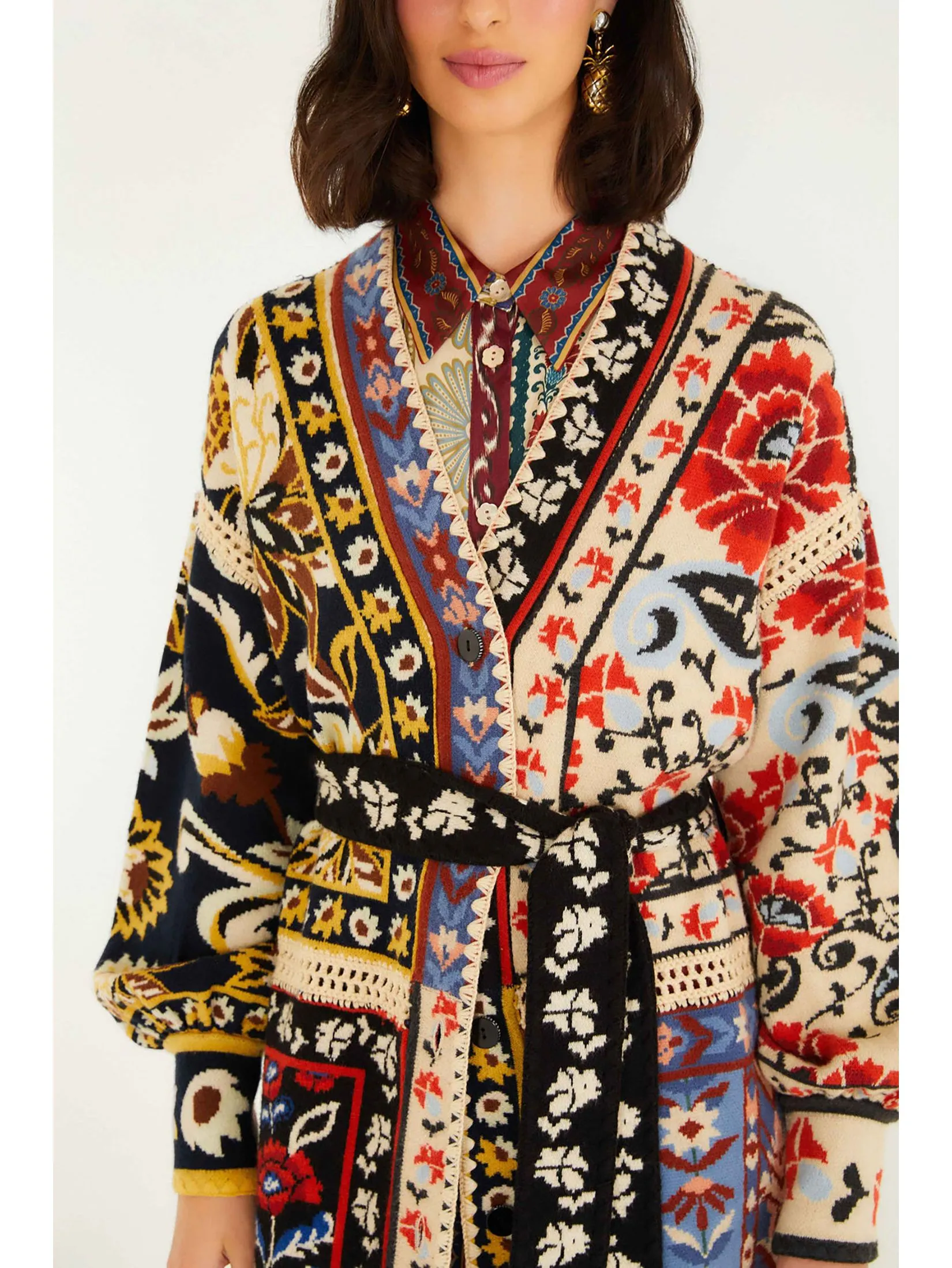 FARM RIO Women Midi Cardigan Mixed Flower Print Patchwork Knit Multi-color
