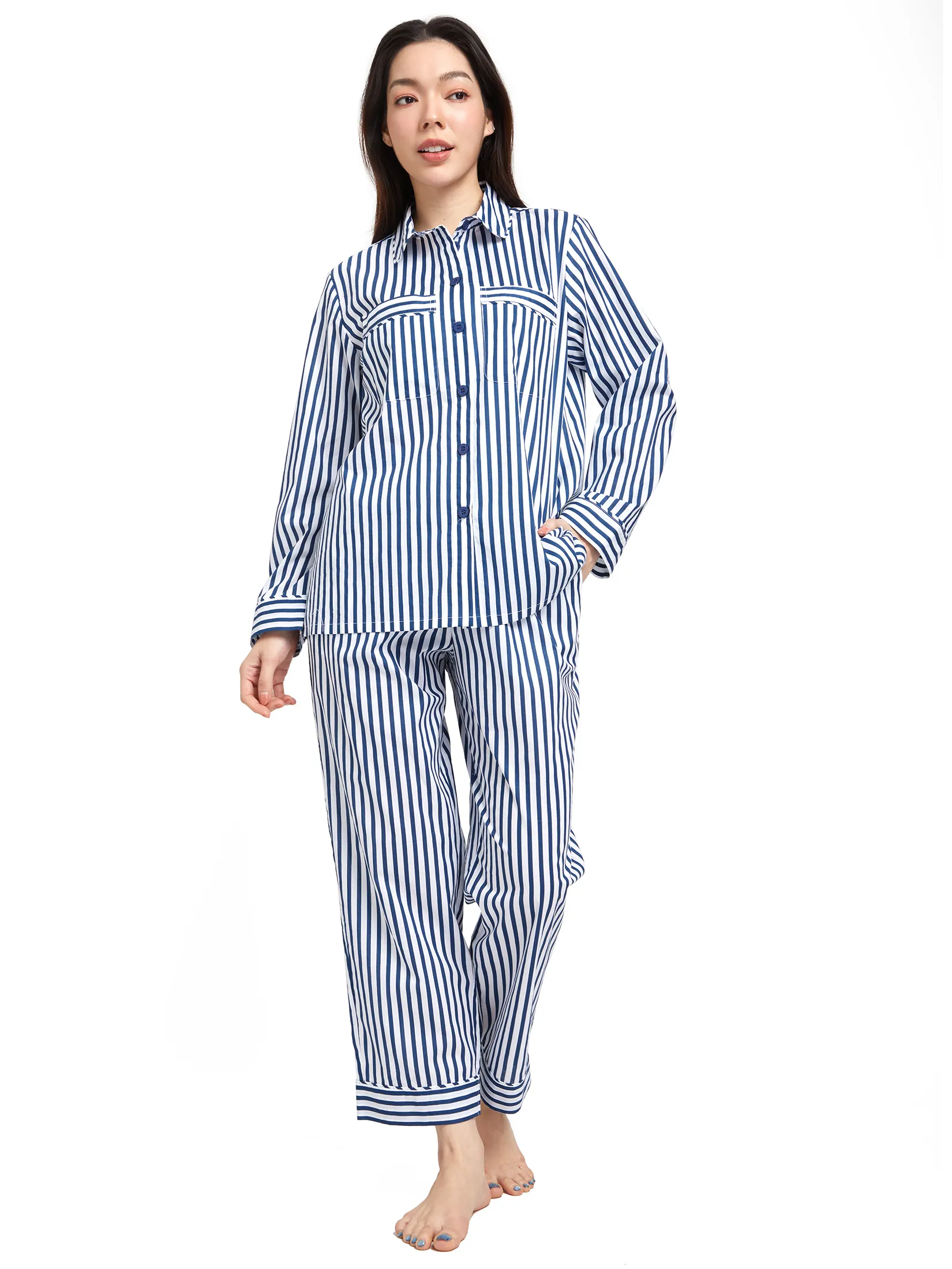 CLAUDIA'S ROMANCE Women Pyjamas Shirt Long Sleeves Collar + Pants Striped Print Multi-Color