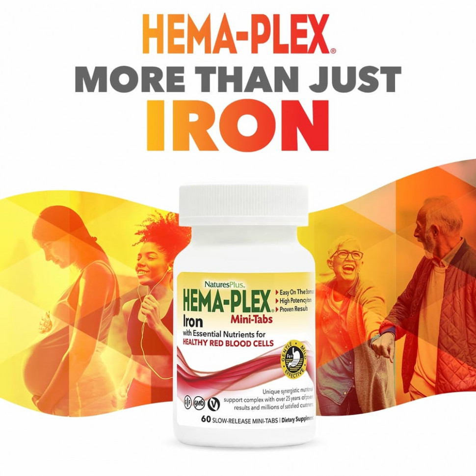 NaturesPlus, Hema-Plex, железо с незаменимыми питательными веществами для здоровых эритроцитов, 60 мини-таблеток с медленным высвобождением