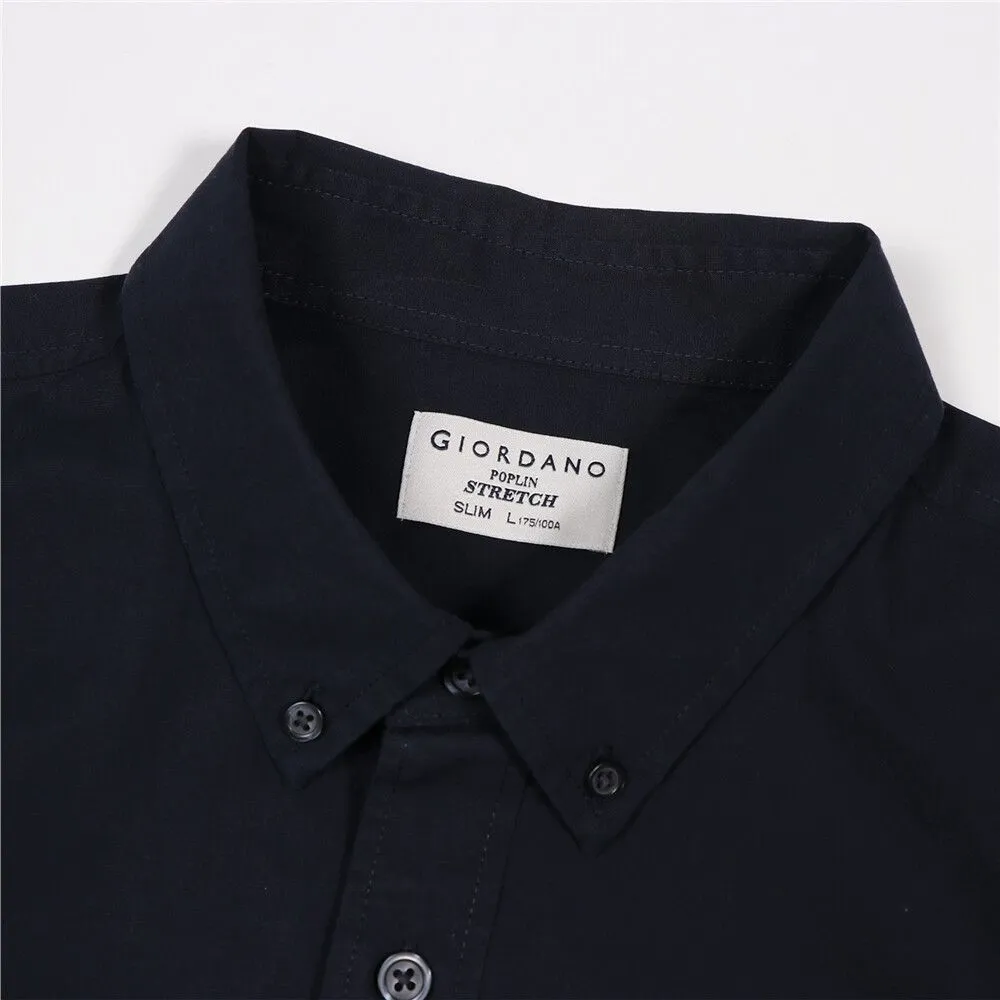 GIORDANO Navy Blue Men's Stretch Long Sleeve Slim Button Front Shirt