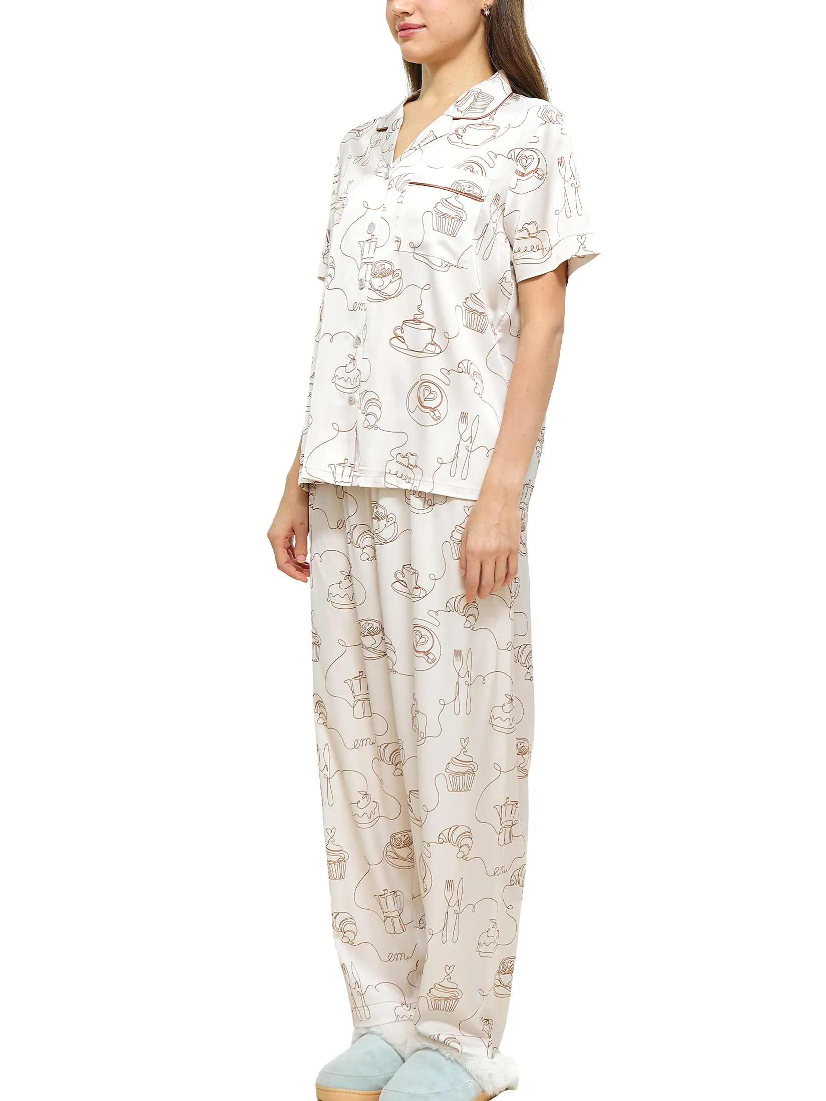 WACOAL Women Sleepwear Collection CAFE  CATION short sleeved, long legged , Coffee Print pattern Beige