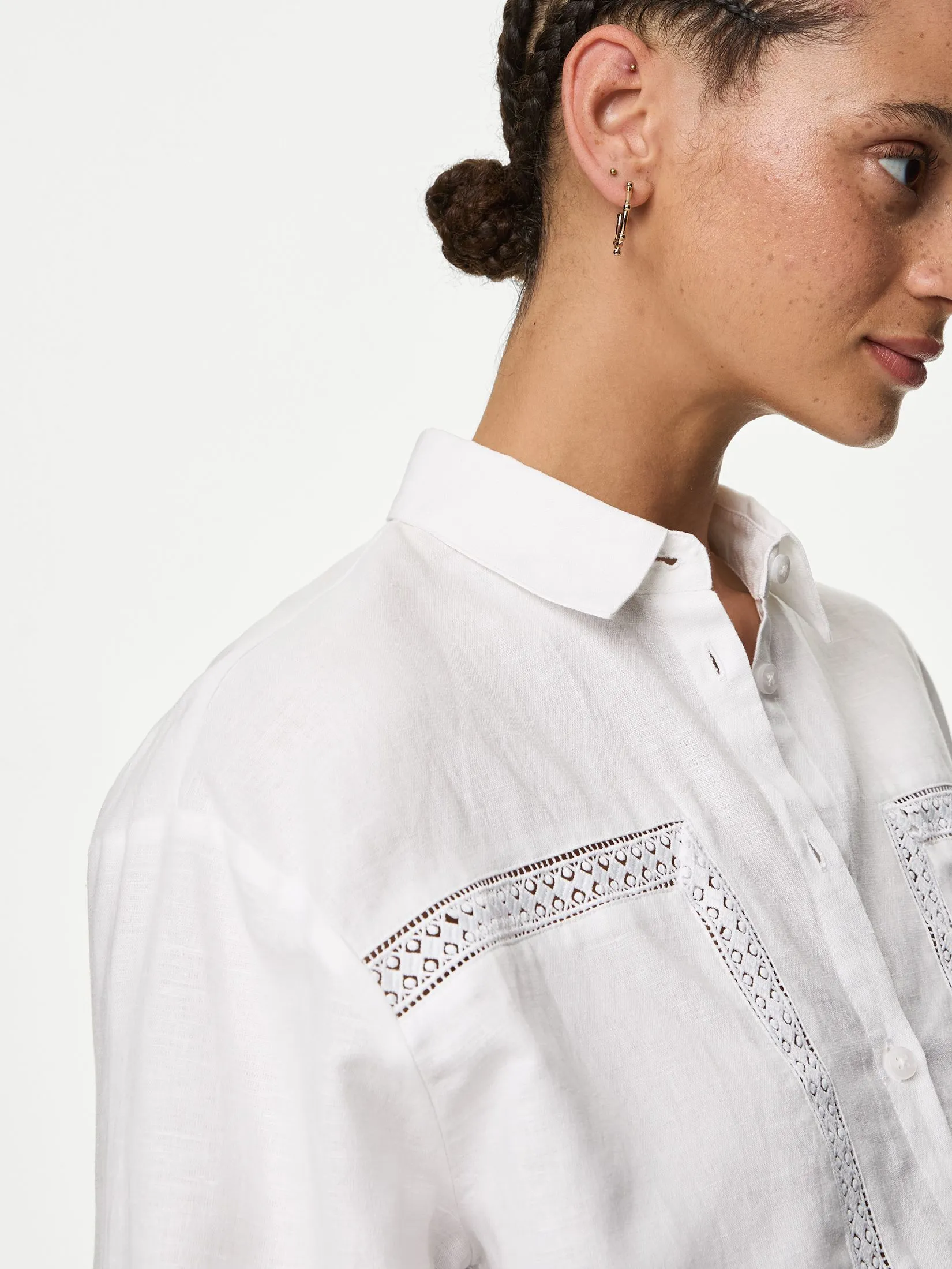 MARKS & SPENCER Women Shirt Linen Rich Collared Lace Insert Soft White
