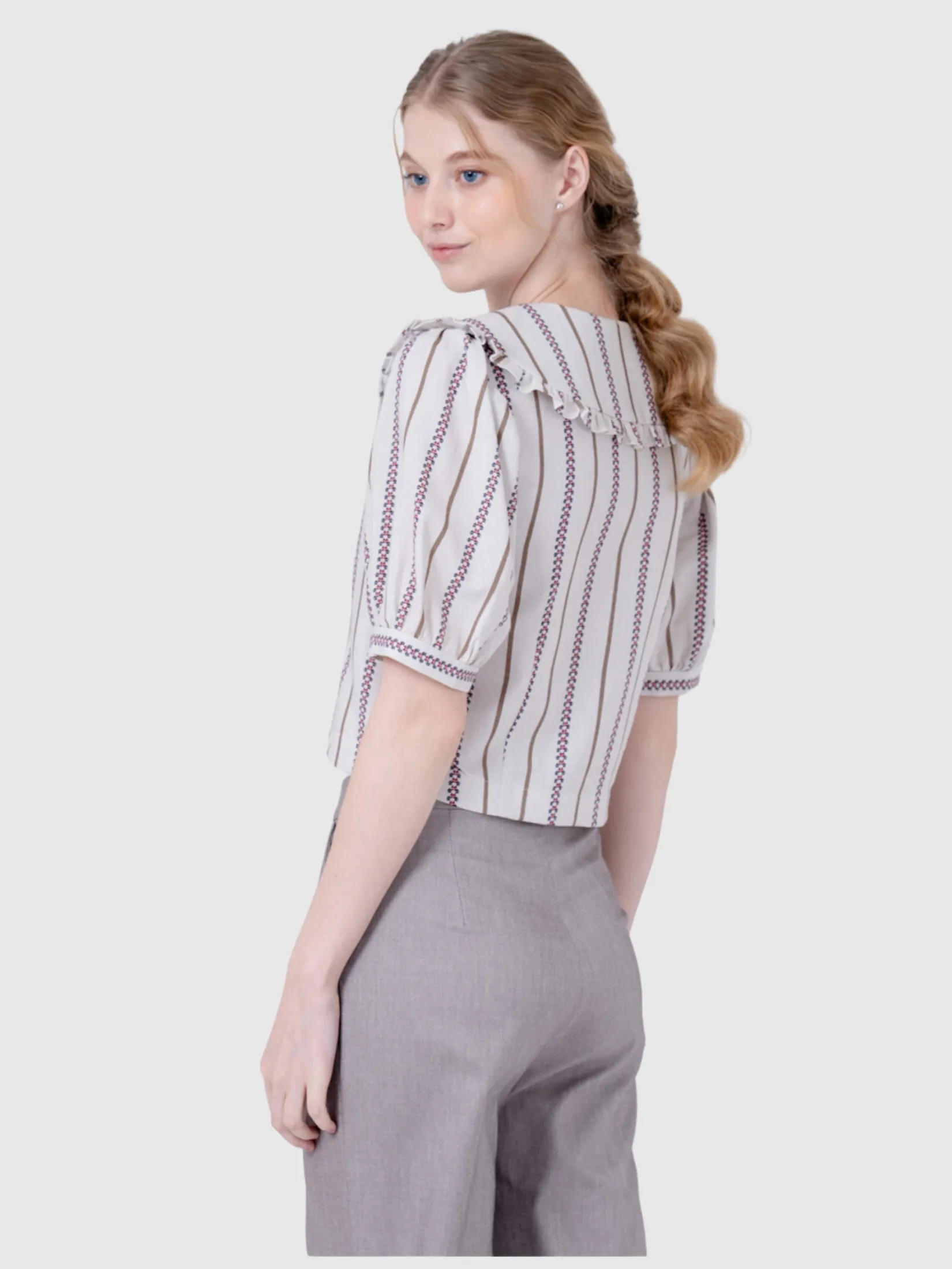 AMILA Women Blouse Short Sleeves Cotton Linen Khaki